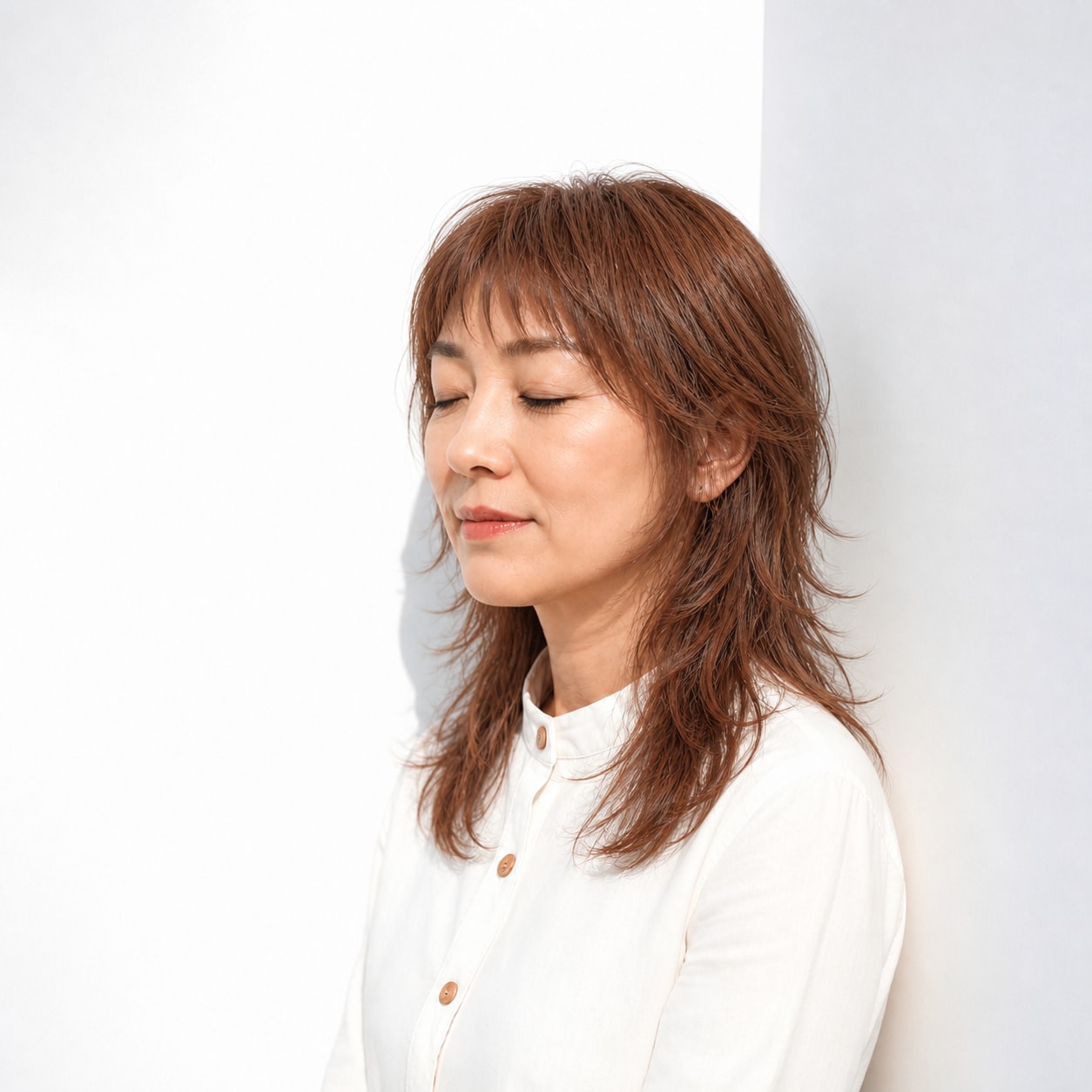 9. ウルフカット × セミロング・ロング × オレンジブラウン：顔色を明るく