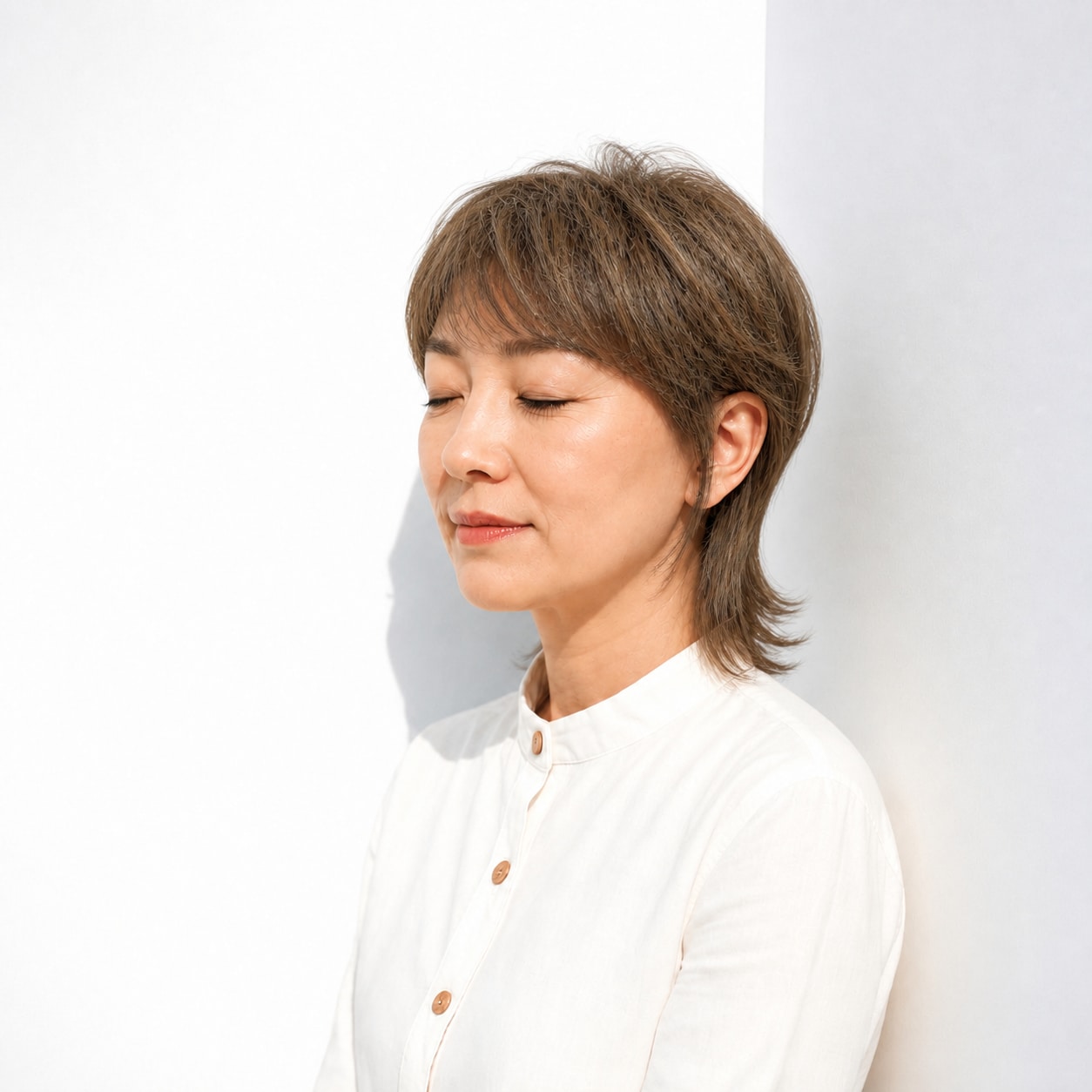 9. ウルフカット × ミディアム × 耳かけ：顔まわりをすっきり