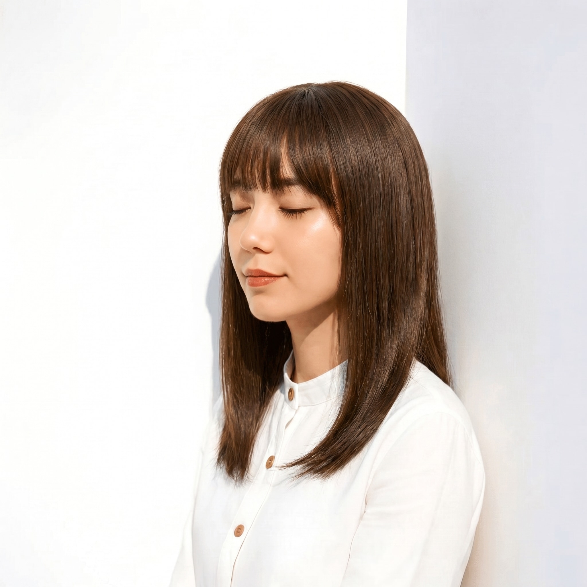 9. カーキブラウン×オリーブニュアンス×メリハリフォルム: 髪の面が整い、きちんと感のある仕上がりに