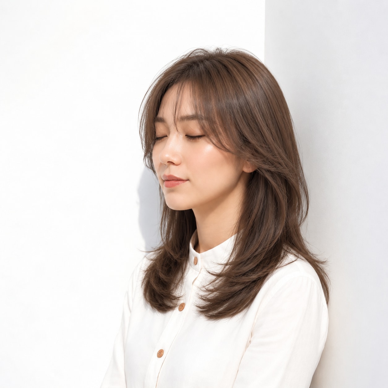 カーテンバングロング × 頬を包む毛流れ：大人っぽくしなやかに