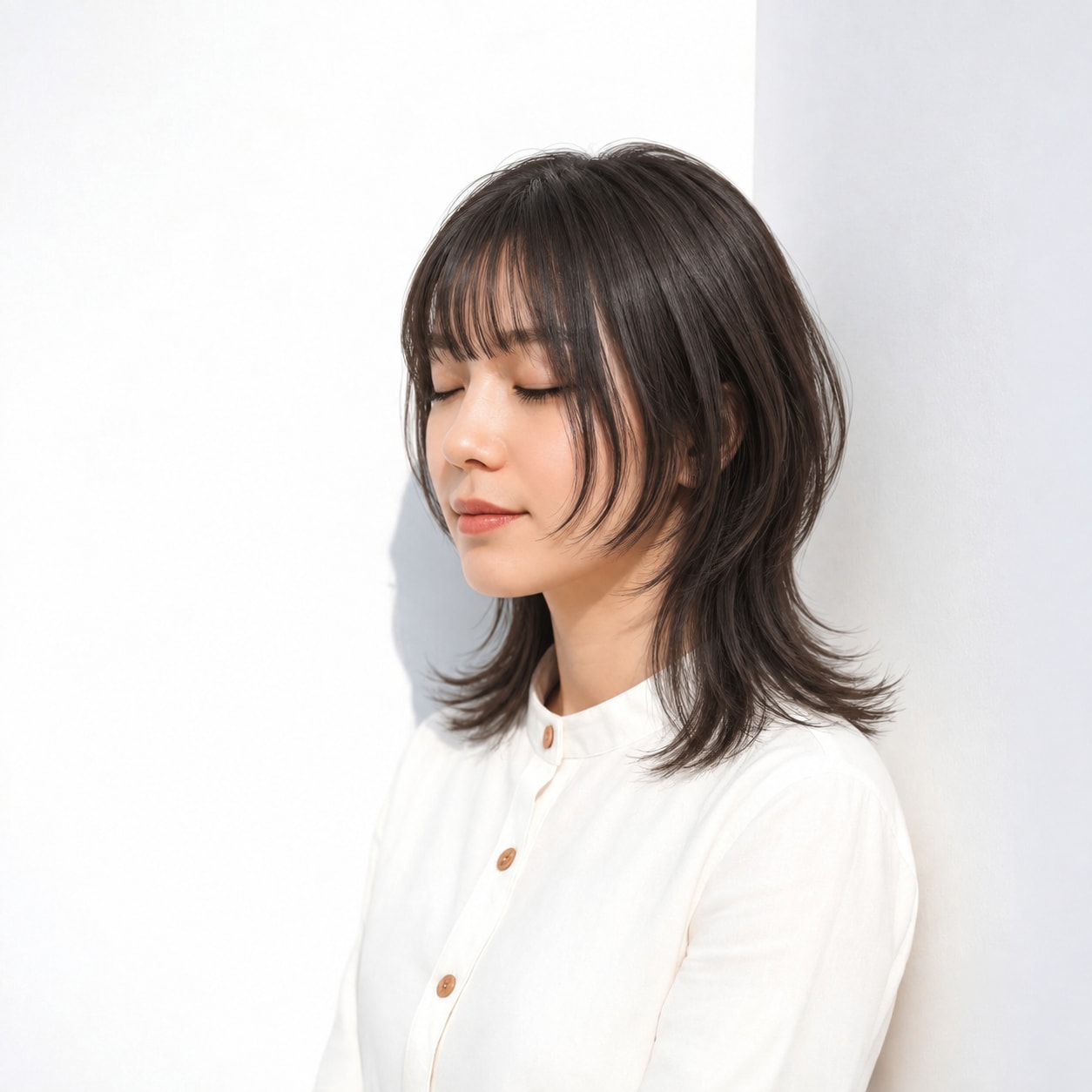 9. クラゲウルフ × ミディアム × 目元に沿う軽い前髪：トップの丸みを保ちながら、顔まわりに親しみやすさが出ます
