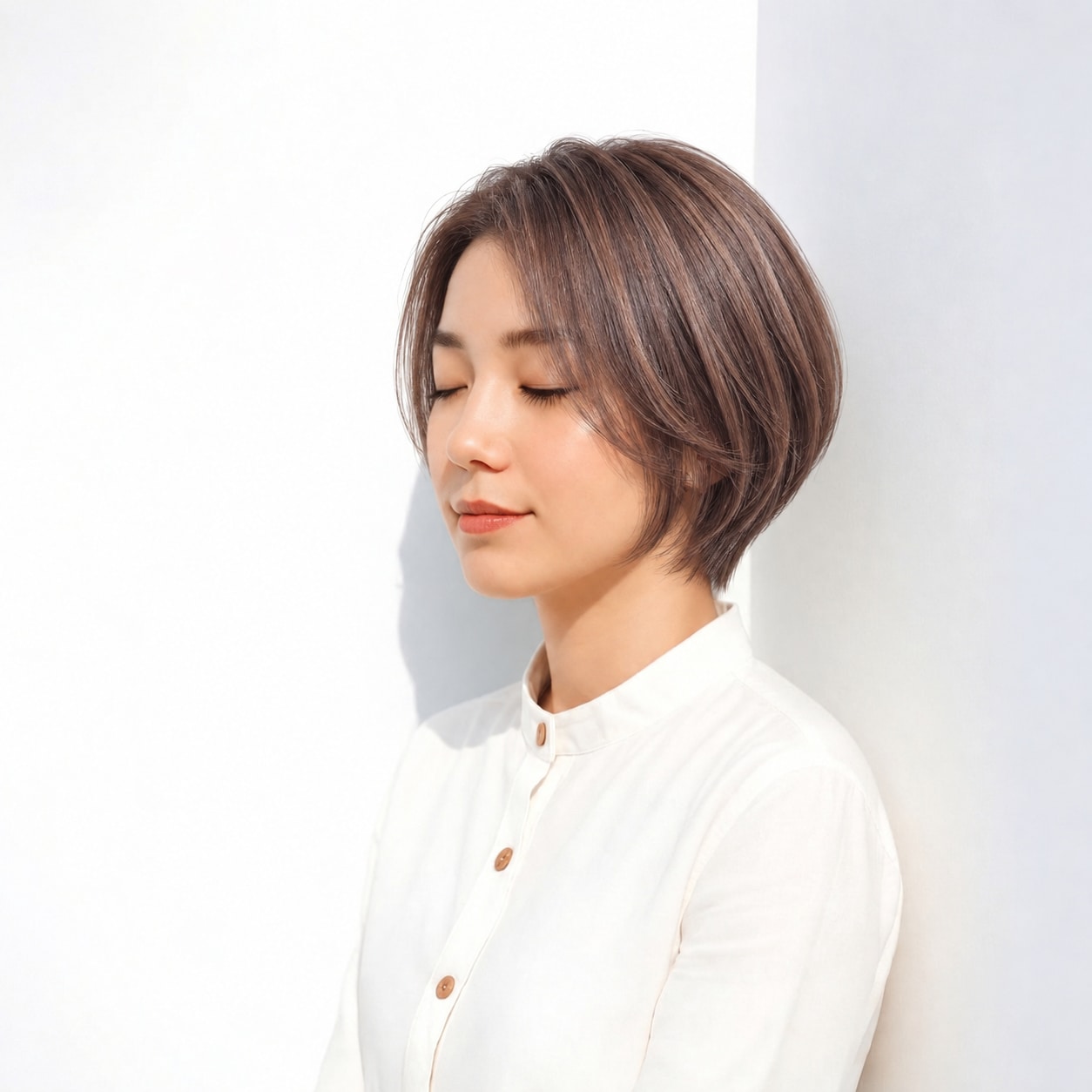 9. グラデーションボブ × シースルーバング：額が少し見え、丸いボブでも顔まわりが詰まりません