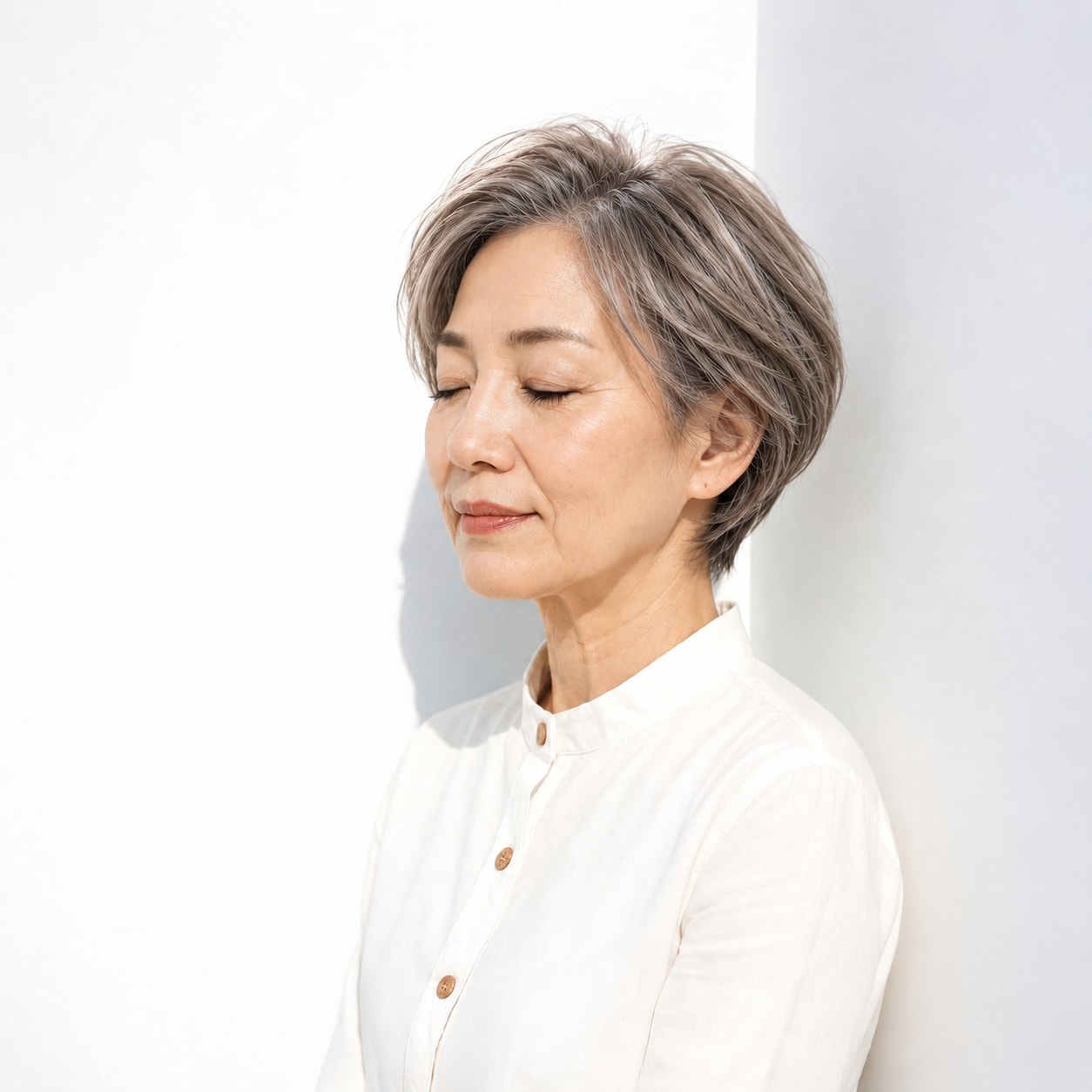 5. グレーヘアショート × 前髪なし：凛とした大人の横顔に