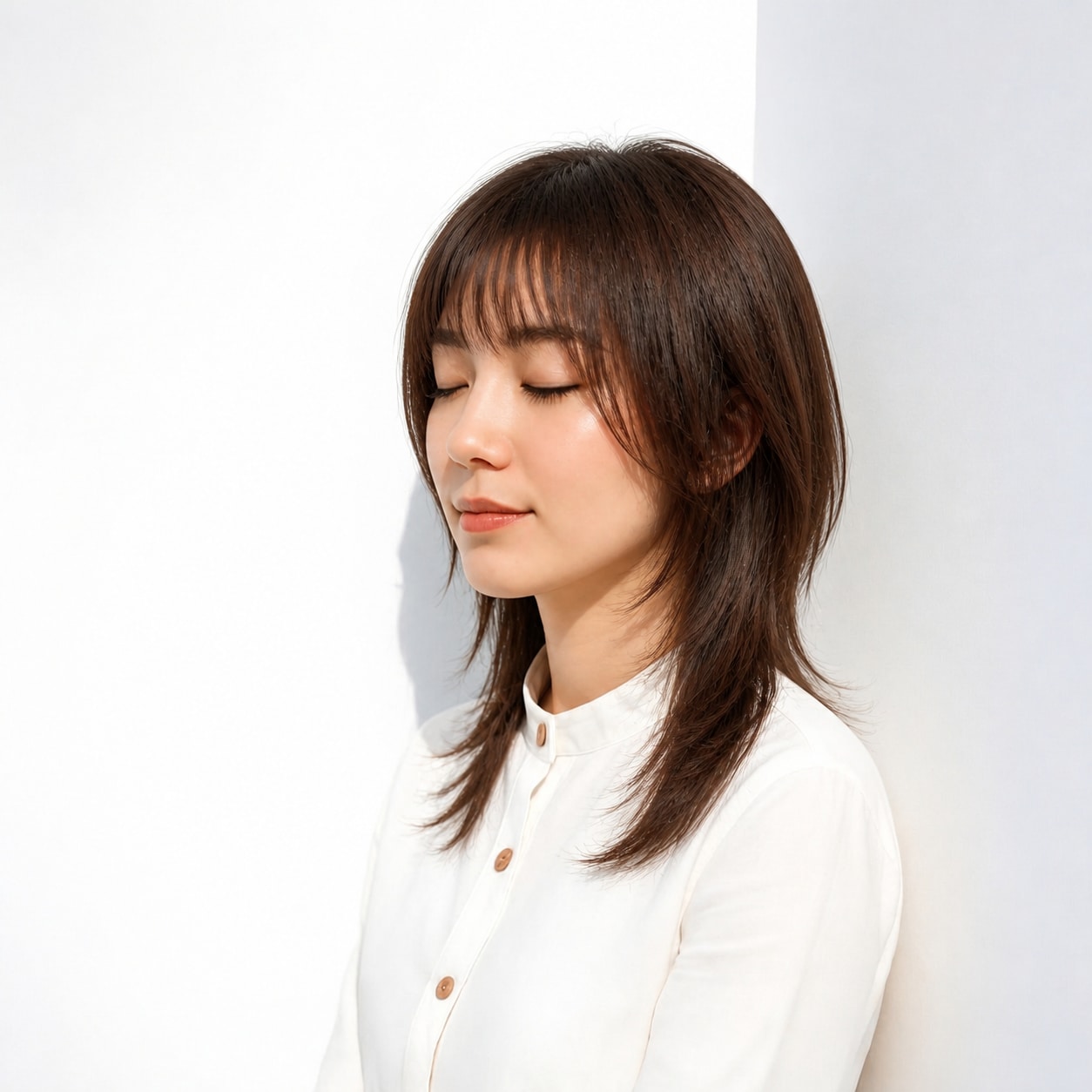 9. シャギーカット × 暗髪ミディ：清潔感のある軽さに