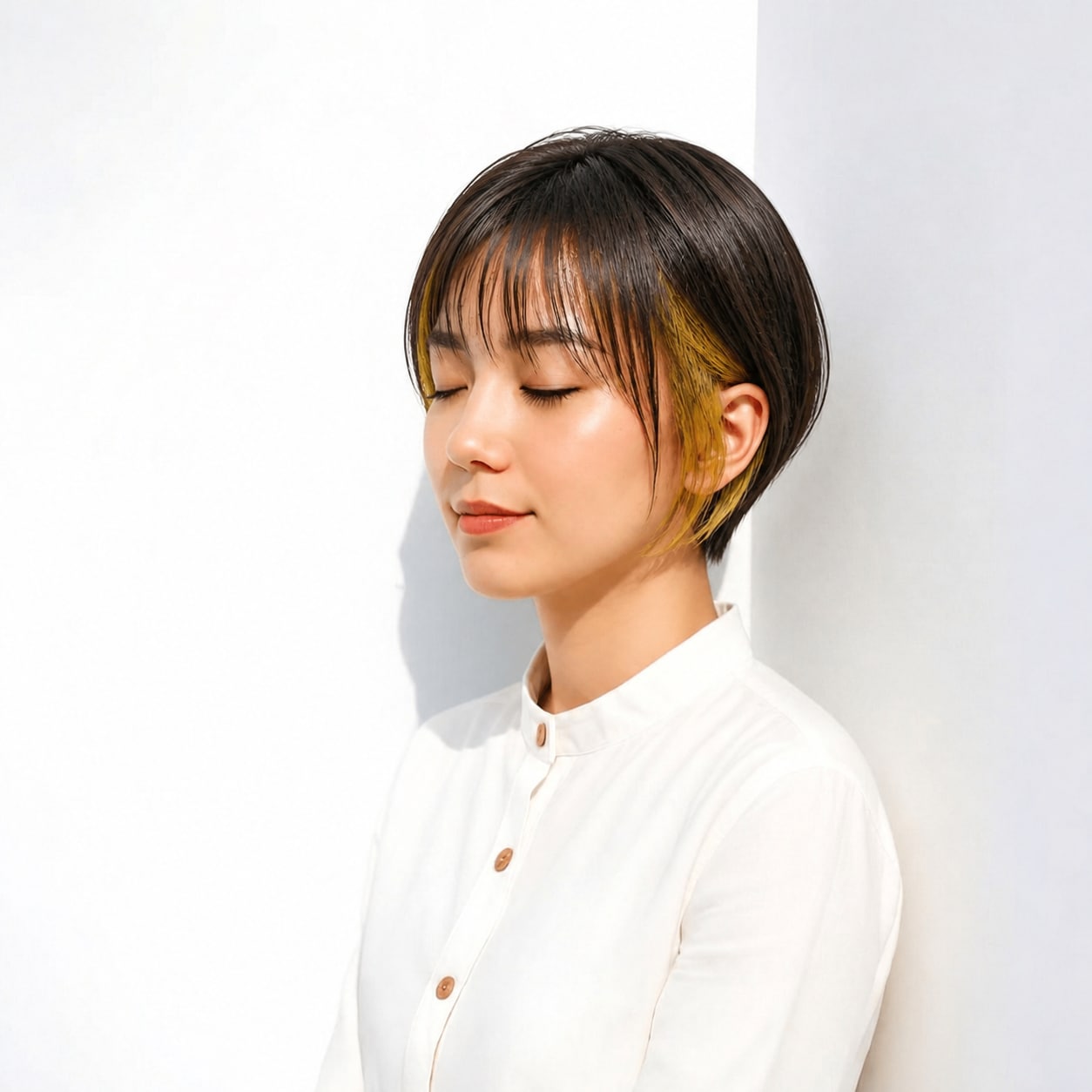 9. ショート × ライムイエローのインナーカラー：顔まわりを鮮やかに