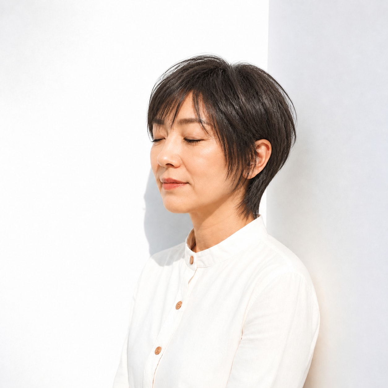 9. ショートウルフ × 黒髪タイト：50代を凛と見せる