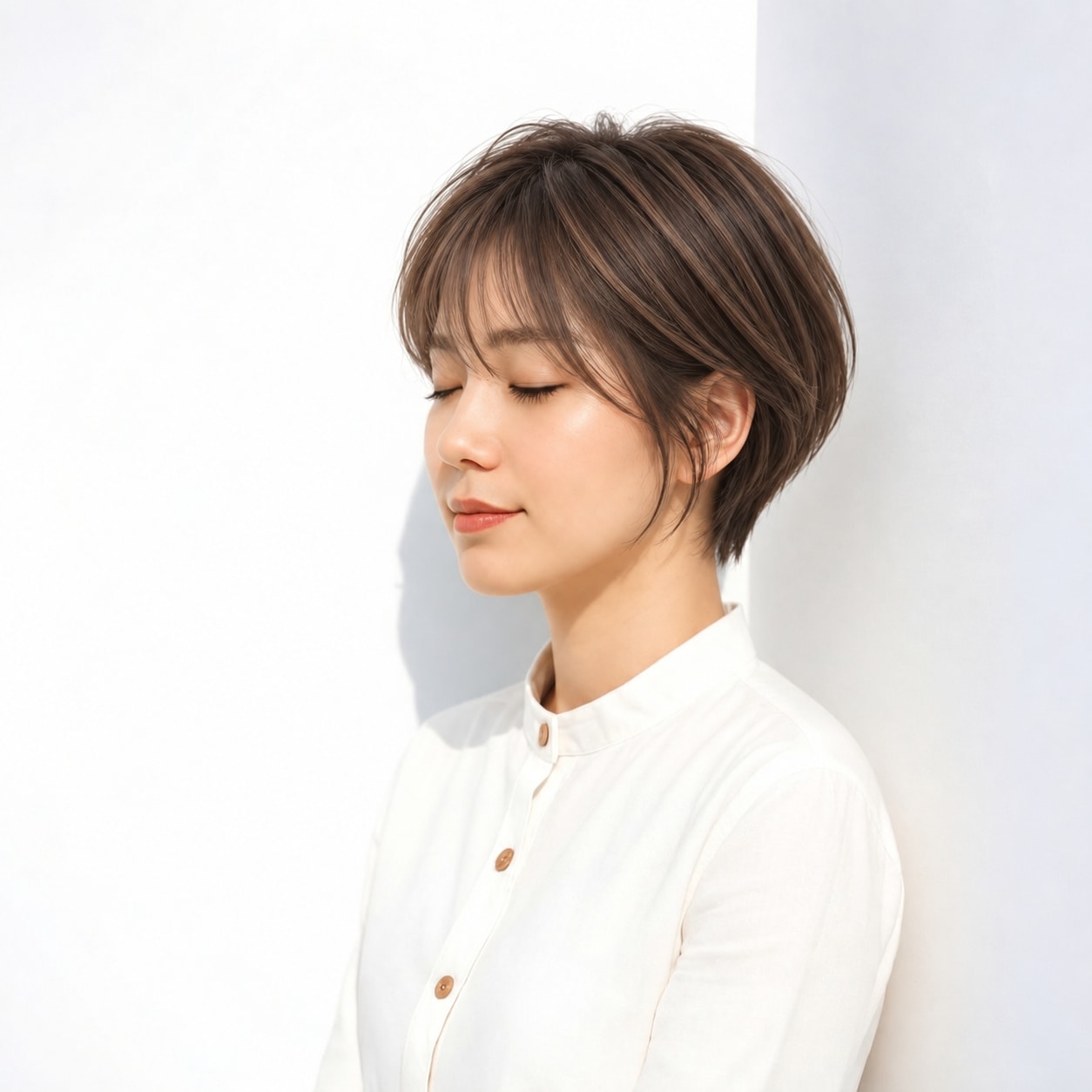9. ショートレイヤー × 短め × 耳かけ：コンパクトでも硬く見えず、横顔へやわらかさが出ます