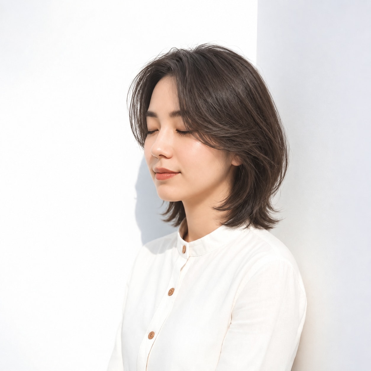 9. ショートレイヤー × 長め × 耳かけ：コンパクトでも硬く見えず、横顔へやわらかさが出ます