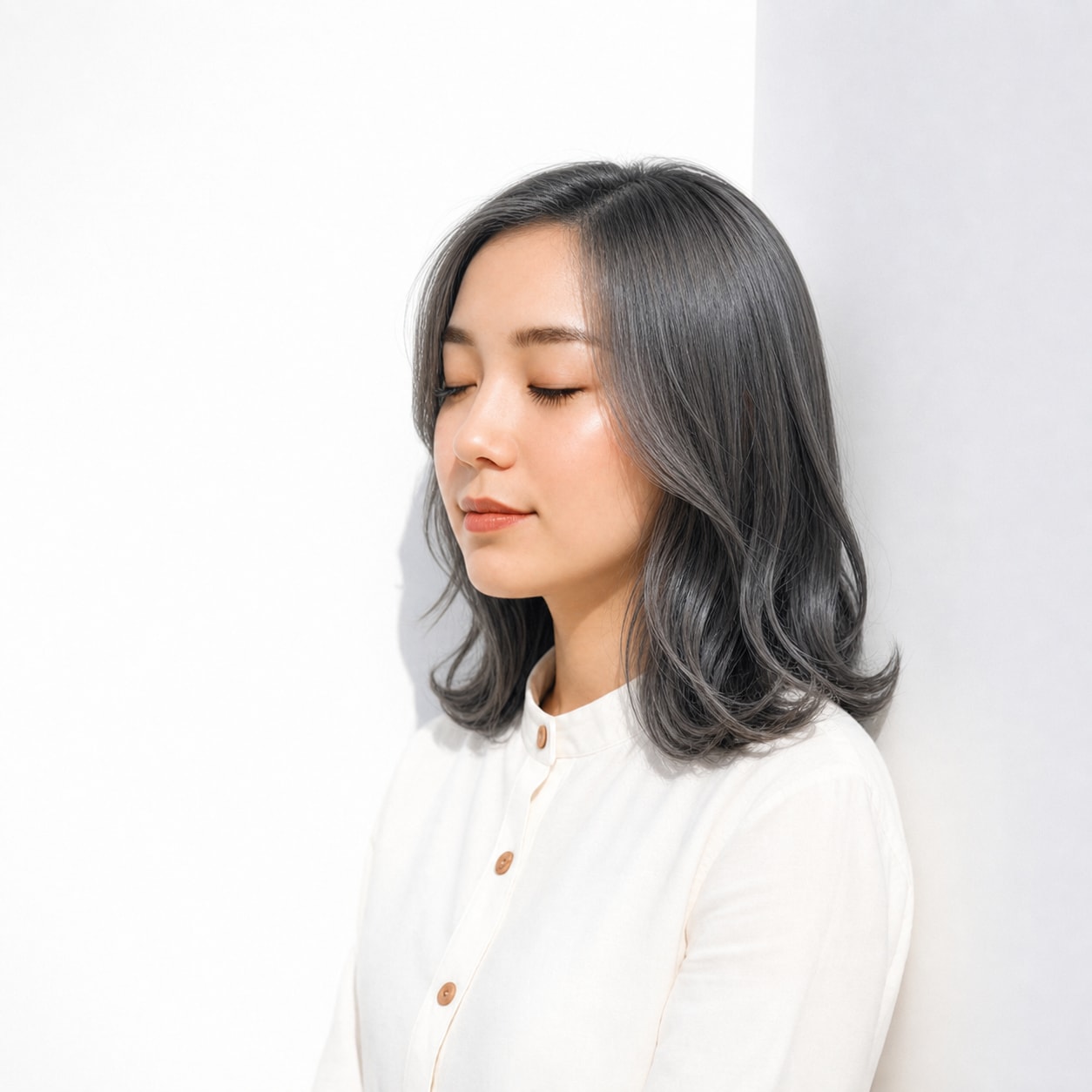 9. シルバーアッシュ×内巻きボブ: シルバーの明るさで直線ラインがシャープな印象になる