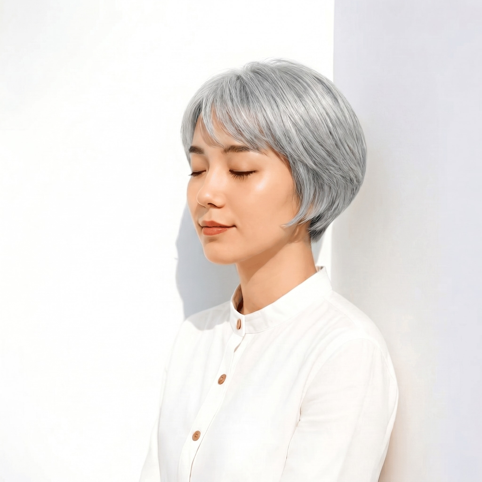 9. シルバーグレー×ショートボブ: 黄みを抑えたクールな丸みフォルム