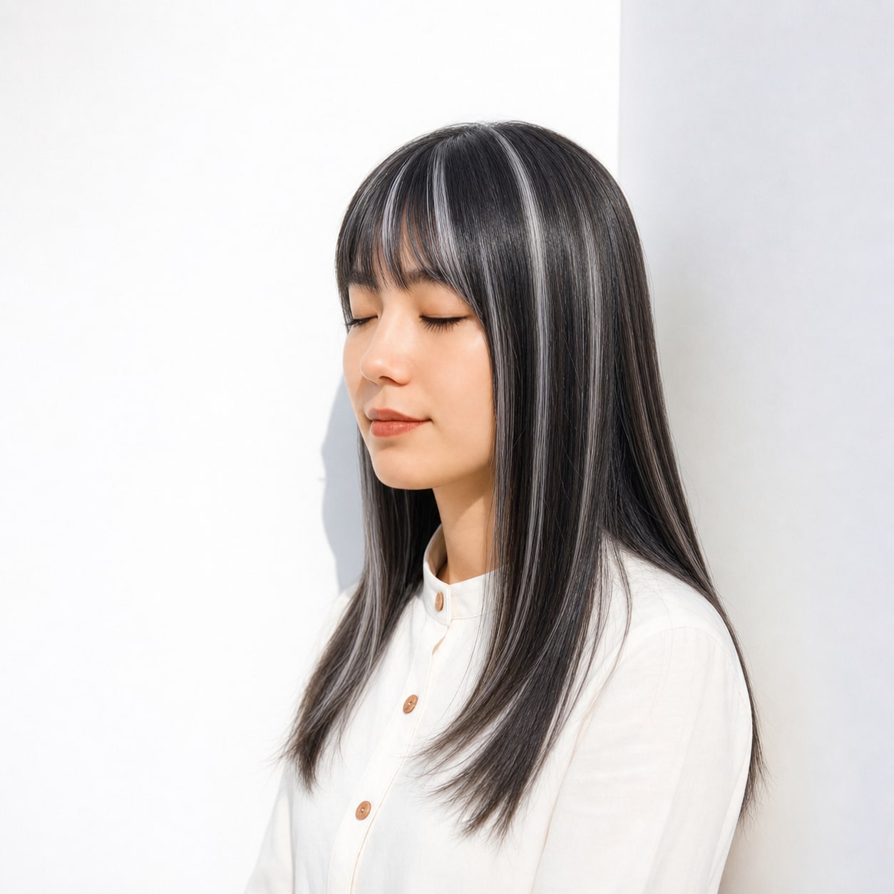 9. シルバーメッシュ×ストレートロング: 暗髪になじむ細いラインで派手になりすぎない