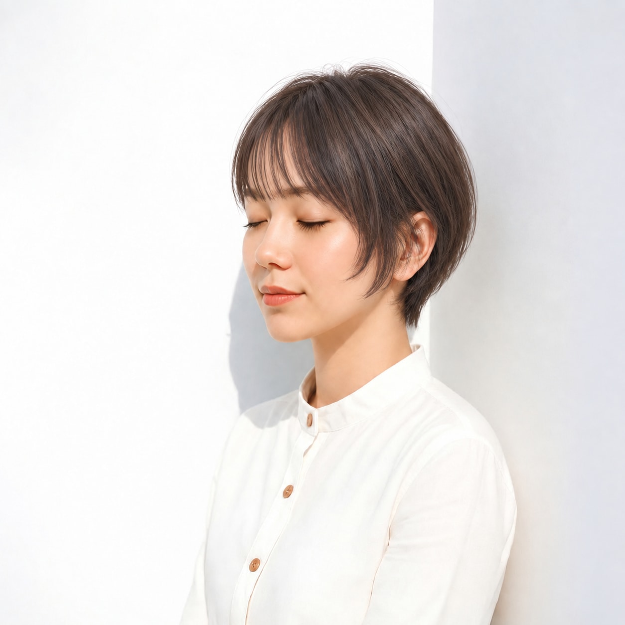6. 薄め前髪ショート × 頬にかかる毛束：抜け感のあるやさしさ