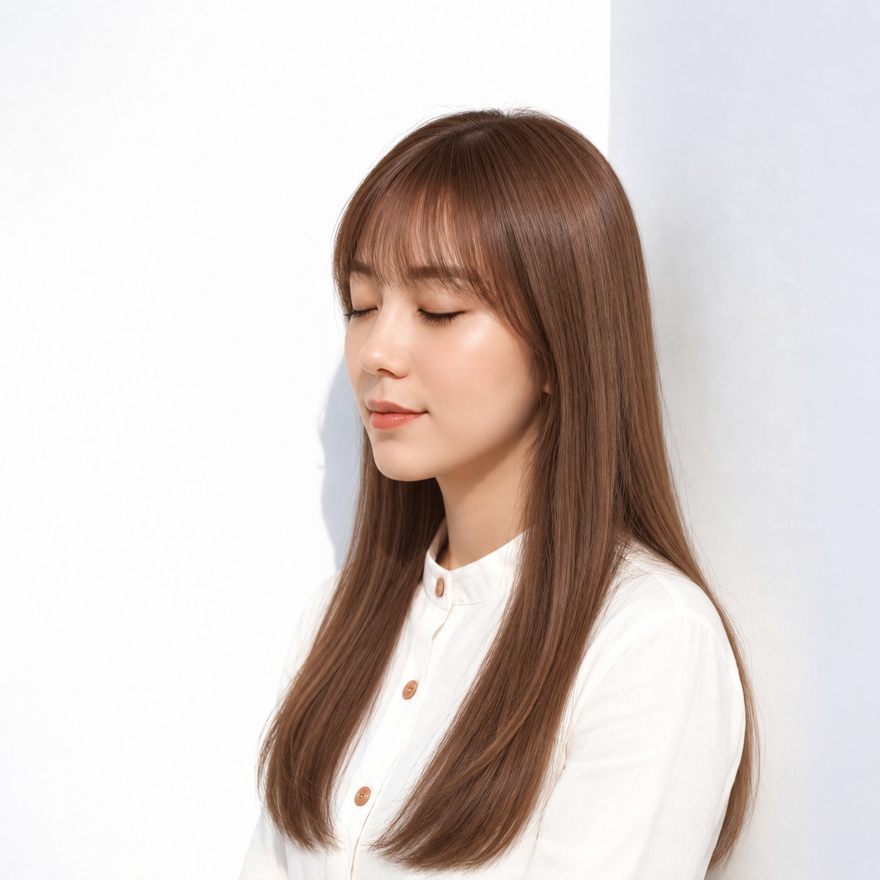 9. ストレートロング × キャメルブラウン：前髪を下ろしてやさしい表情に