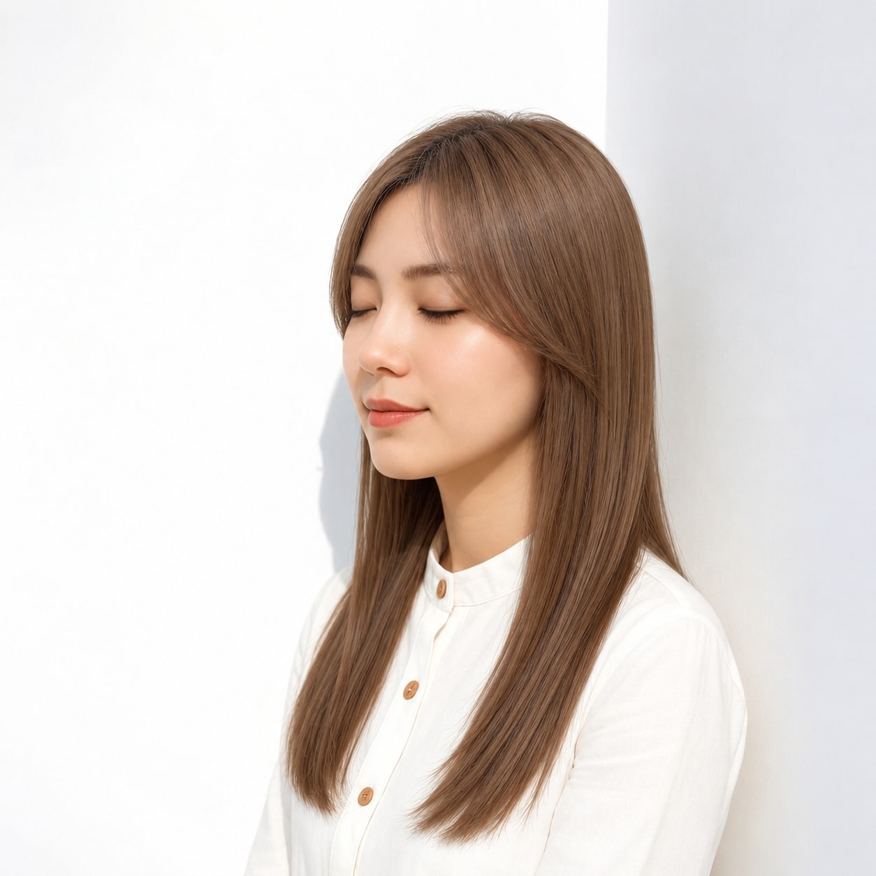 9. ストレートロング × ライトブラウン：斜め前髪が添えるさりげない甘さ