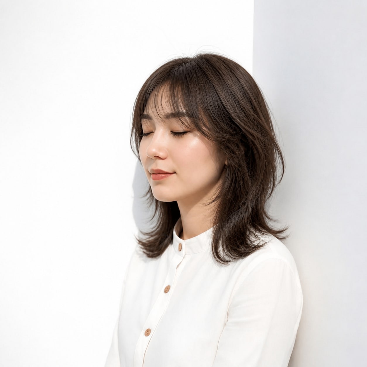9. セミロングウルフ × 丸みレイヤー：上品にまとまる
