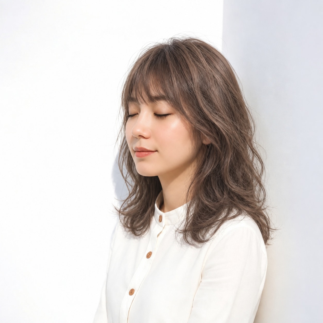 9. セミロングパーマ × ゆるめ × エアリーカール：カールの隙間から髪が動き、ボリュームが重く見えません