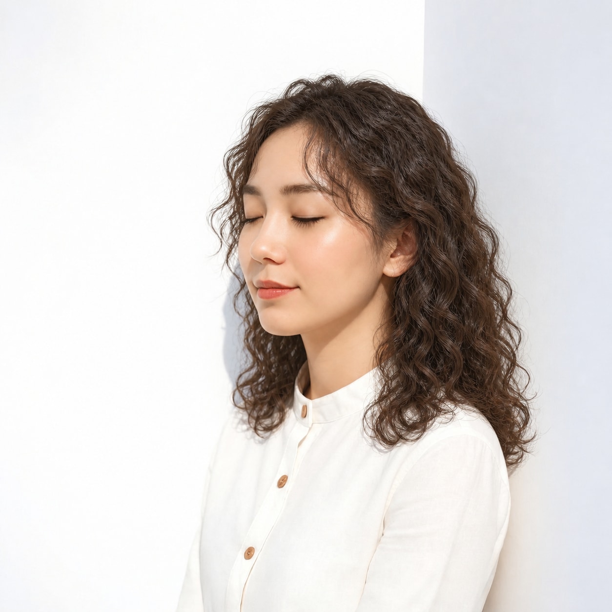 9. セミロングパーマ × 強め × 細かめカール：カールの陰影がはっきりし、短い髪にも奥行きが出ます