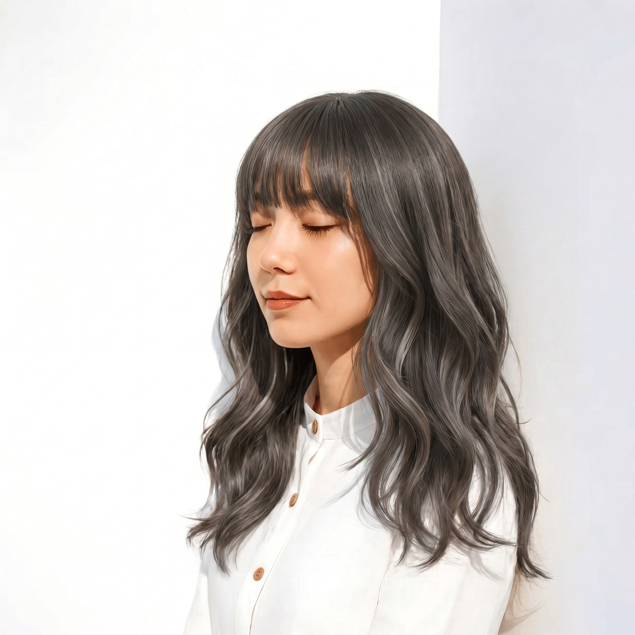 9. ダークグレージュ×ミディアムロング: 重さと軽やかさを両立した大人の髪色