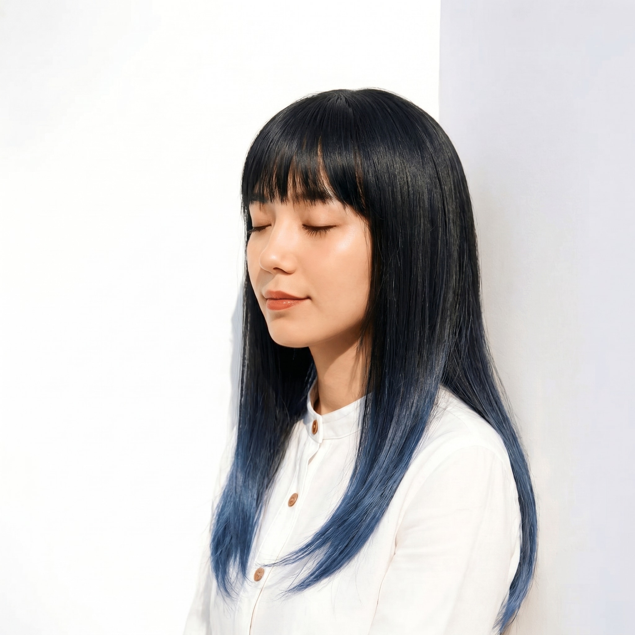 9. ネイビーアッシュ×タイトシルエット×ブルー: 毛先の動きで軽やかな抜け感をプラス