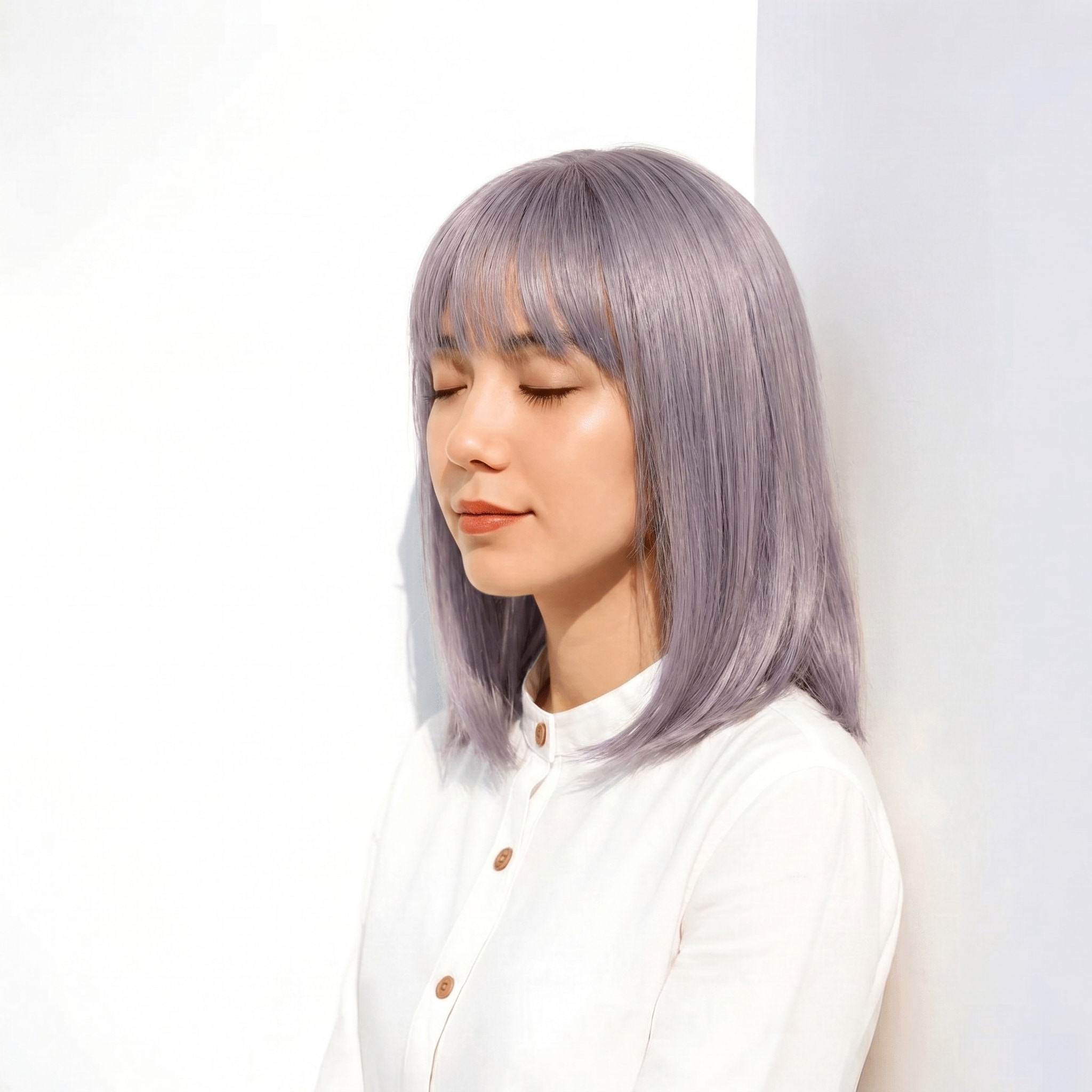 9. パープルグレー×透明感: 青みがかった色みで黄ばみを抑えつつ、ストンとしたラインに透明感をプラス