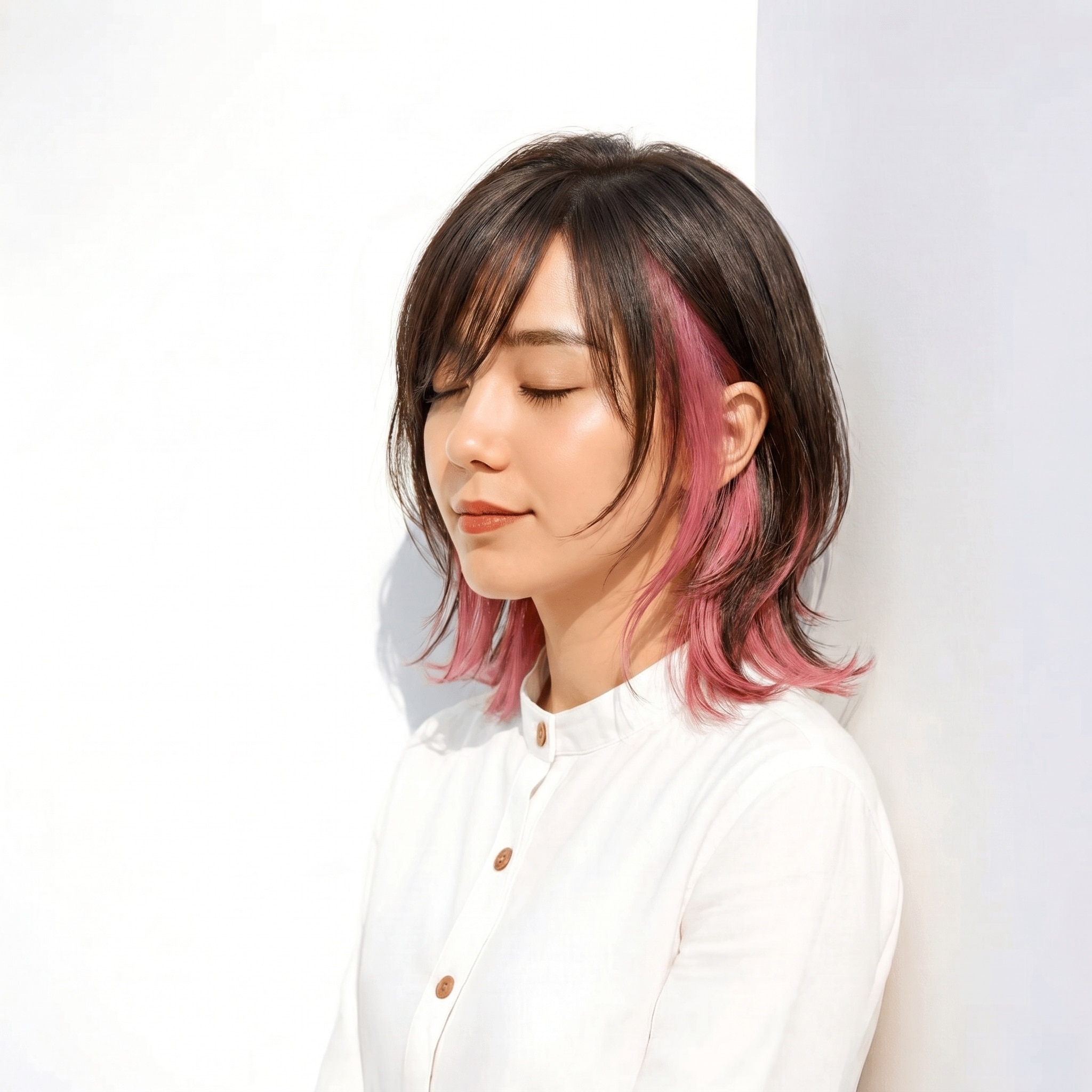 9. ピンクインナーカラー×外ハネレイヤー: 動くたびにチェリーピンクが映えるボブ