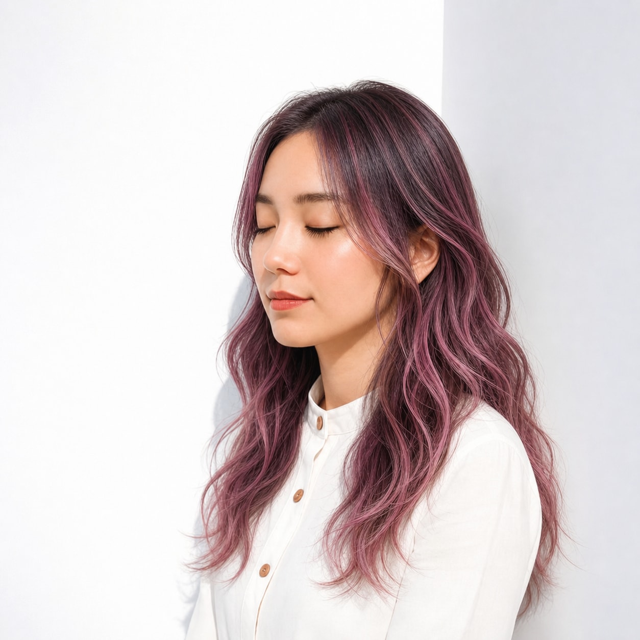 9. ピンクハイライト×ウェーブロング: くすみローズピンクでロングが派手になりすぎない