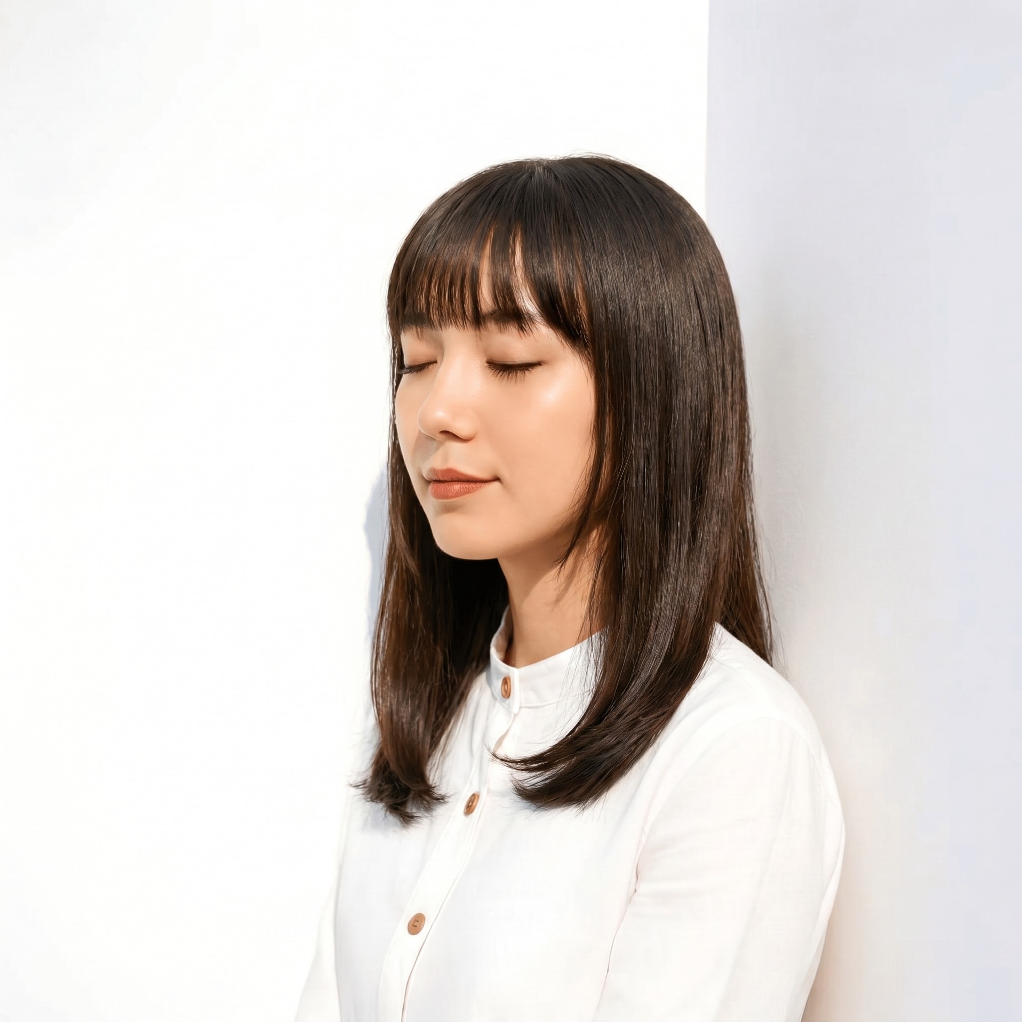 9. ブリーチなしグレーアッシュ×ミディアムストレート: 赤みを抑えたツヤ感で軽やかに