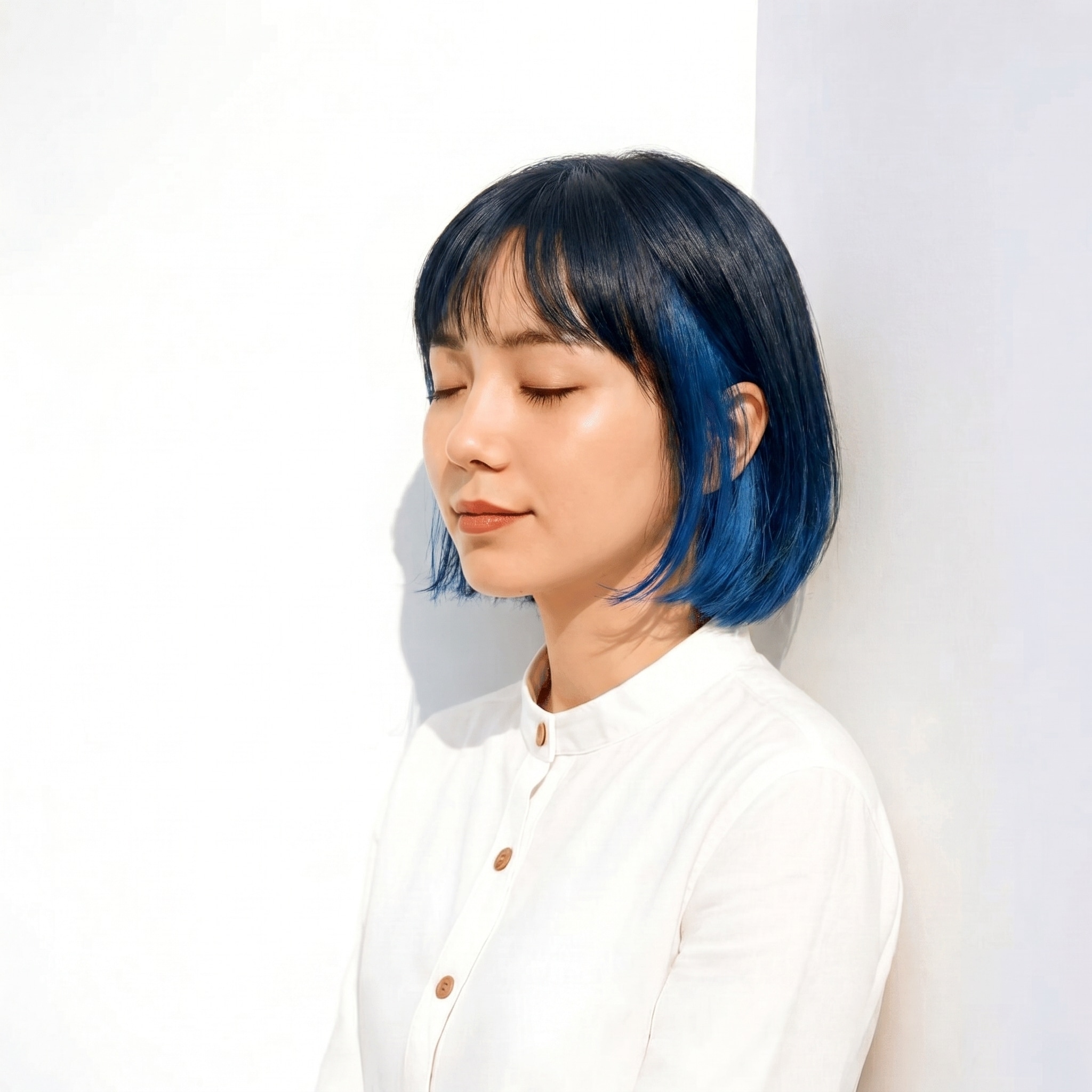 9. ブルーアッシュ×ワンレンボブ: 深みのある明るさで凛とした印象に