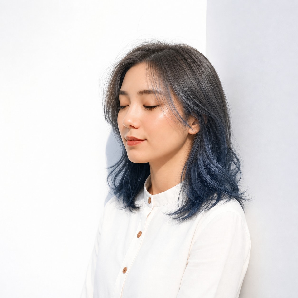 9. ブルーグレージュ×レイヤーミディアム: 青みを含むグレージュで落ち着いた透明感が出る
