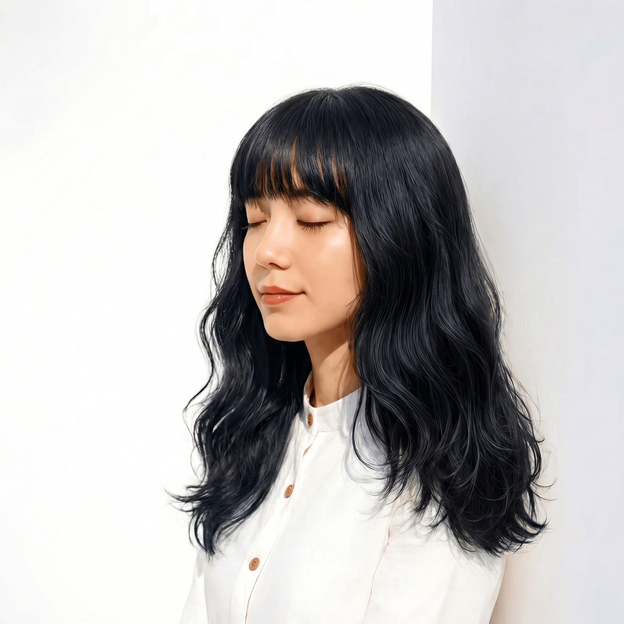 9. ブルーブラック×ミディアムロング: ゆるいSカールで上品な陰影を演出