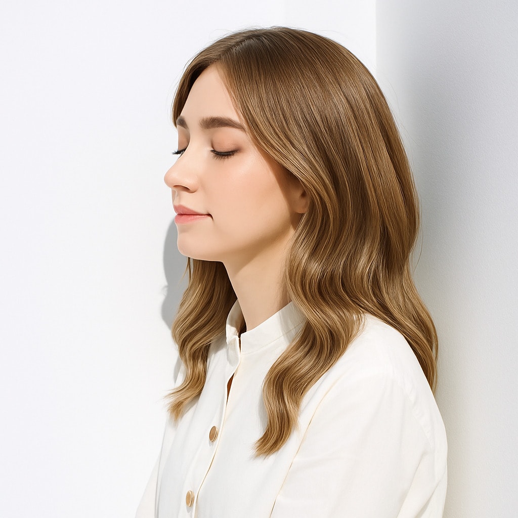 9. ブロンドベージュ×暗め：控えめな彩度でツヤを高めるヘアカラー