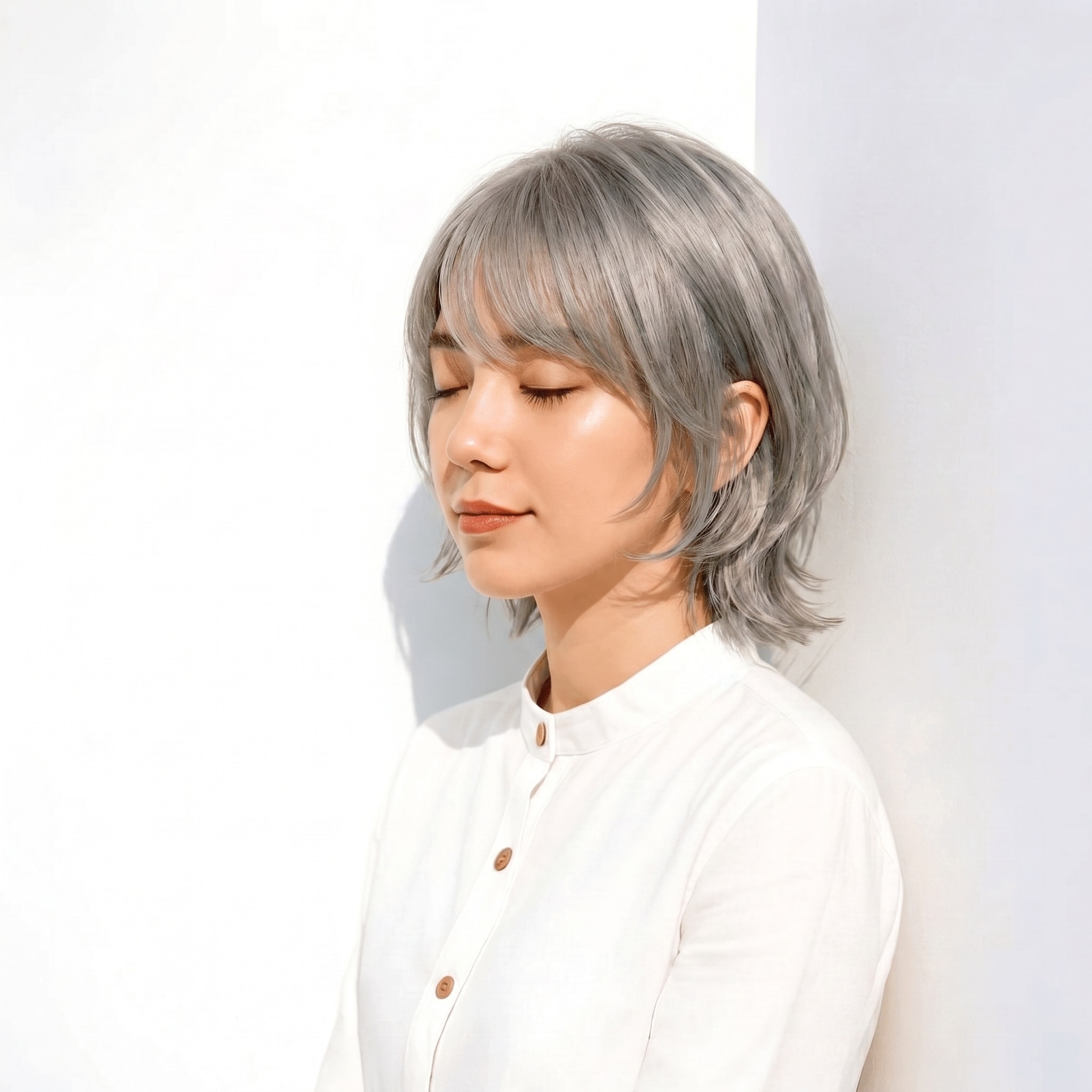 9. ホワイトグレージュ×垢抜け: シルバー寄りの色味で黄みを抑えた洗練スタイル