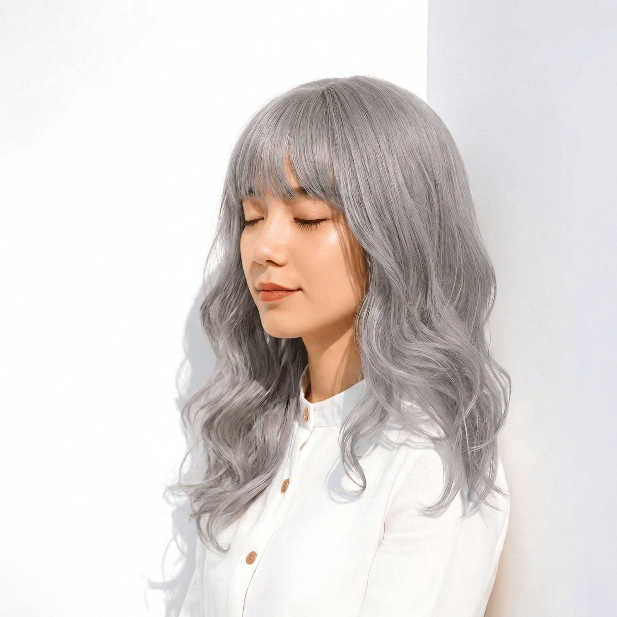 9. ホワイトシルバー×セミロング: モードなツヤで、シンプルな髪型も凛と見せる