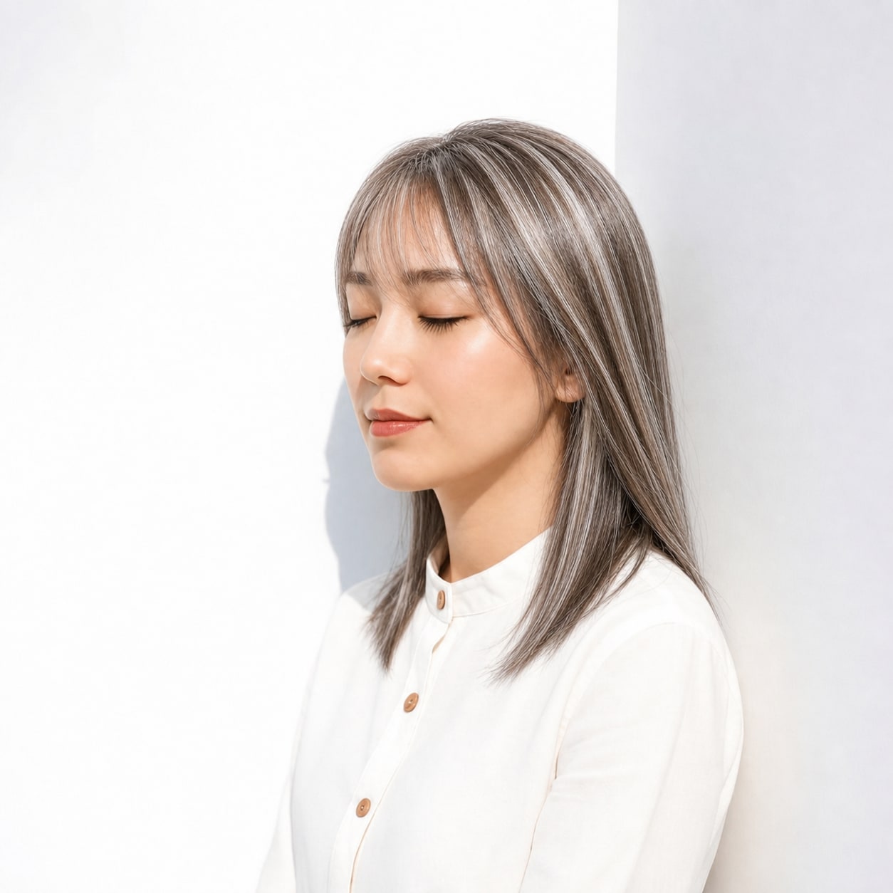 9. ホワイトメッシュ×ストレートロング: 白いラインがのぞいてまとめ髪にも動きが出る