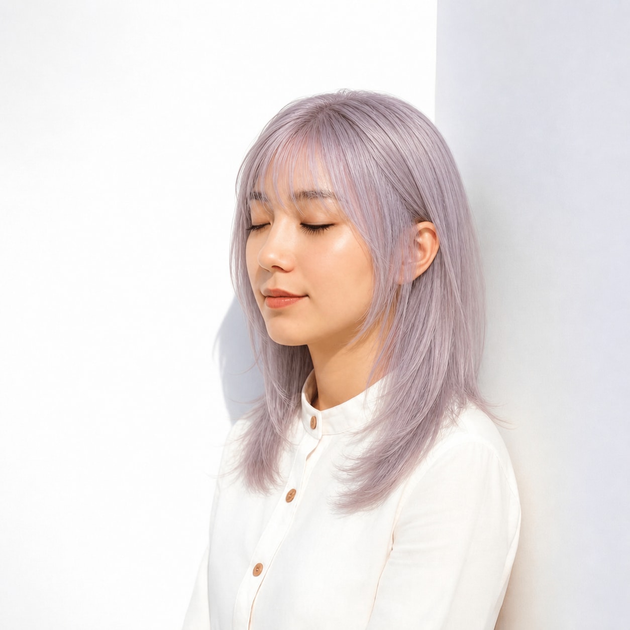 9. ホワイトラベンダー × ストレートミディ：淡い色をすっきり楽しむ