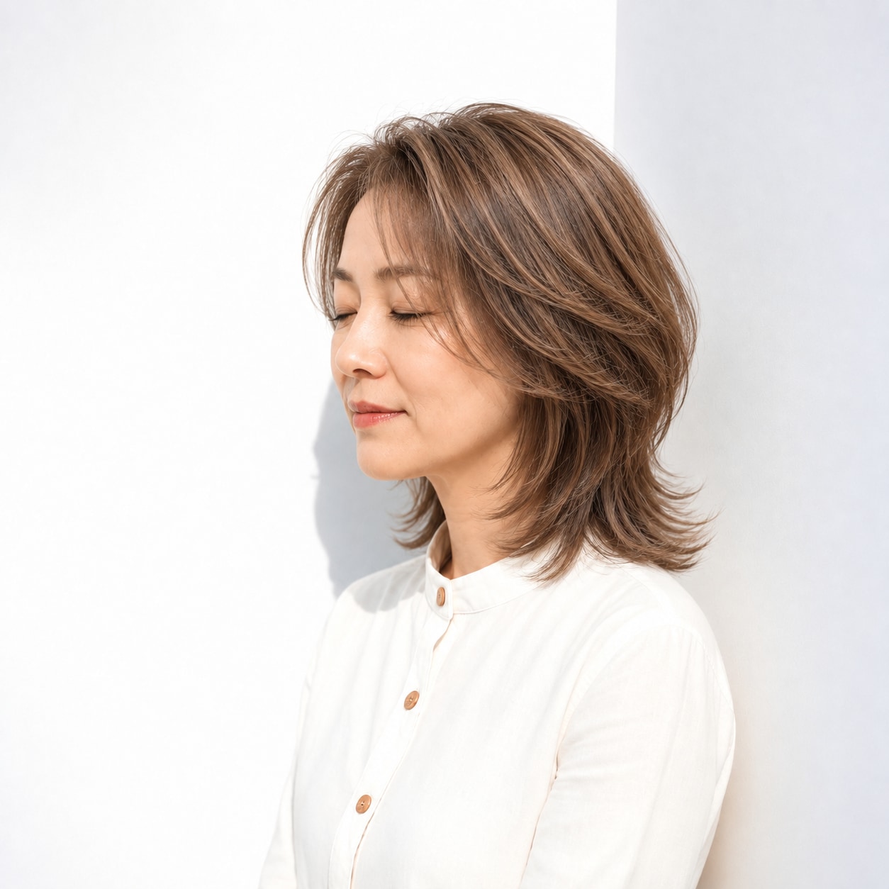 9. ミディアムウルフ × 薄め前髪：トップの丸みを保ちながら、顔まわりに親しみやすさが出ます
