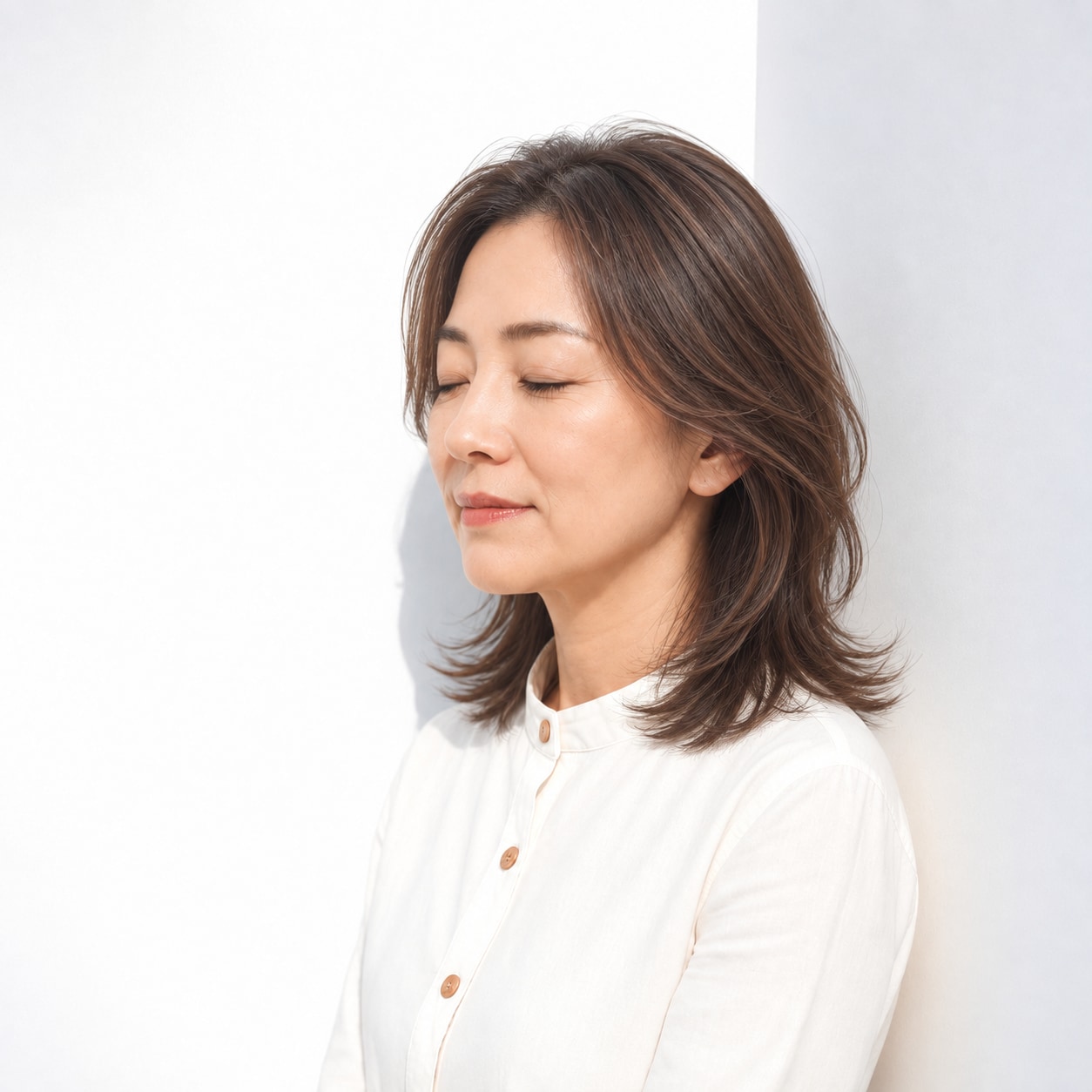 9. ミディアムレイヤー × 前髪なし × 耳かけ：サイドに髪がたまらず、正面も横顔もすっきり見えます