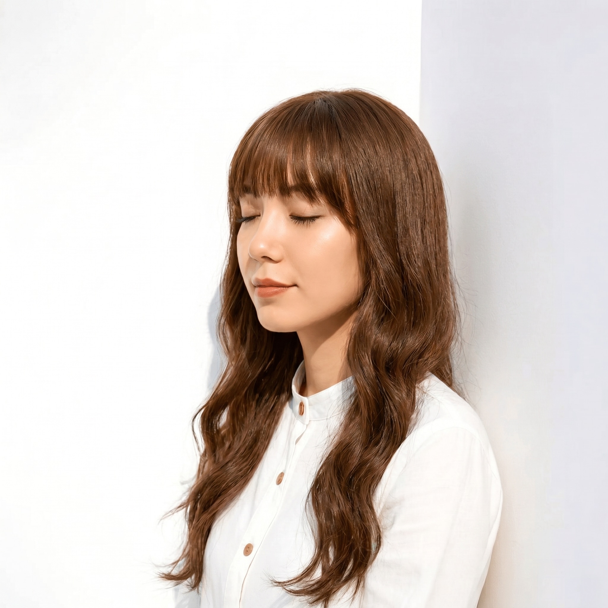 9. モカグレージュ×波ウェーブレイヤーロング: 透明感のある色みで、上品な抜け感を演出する