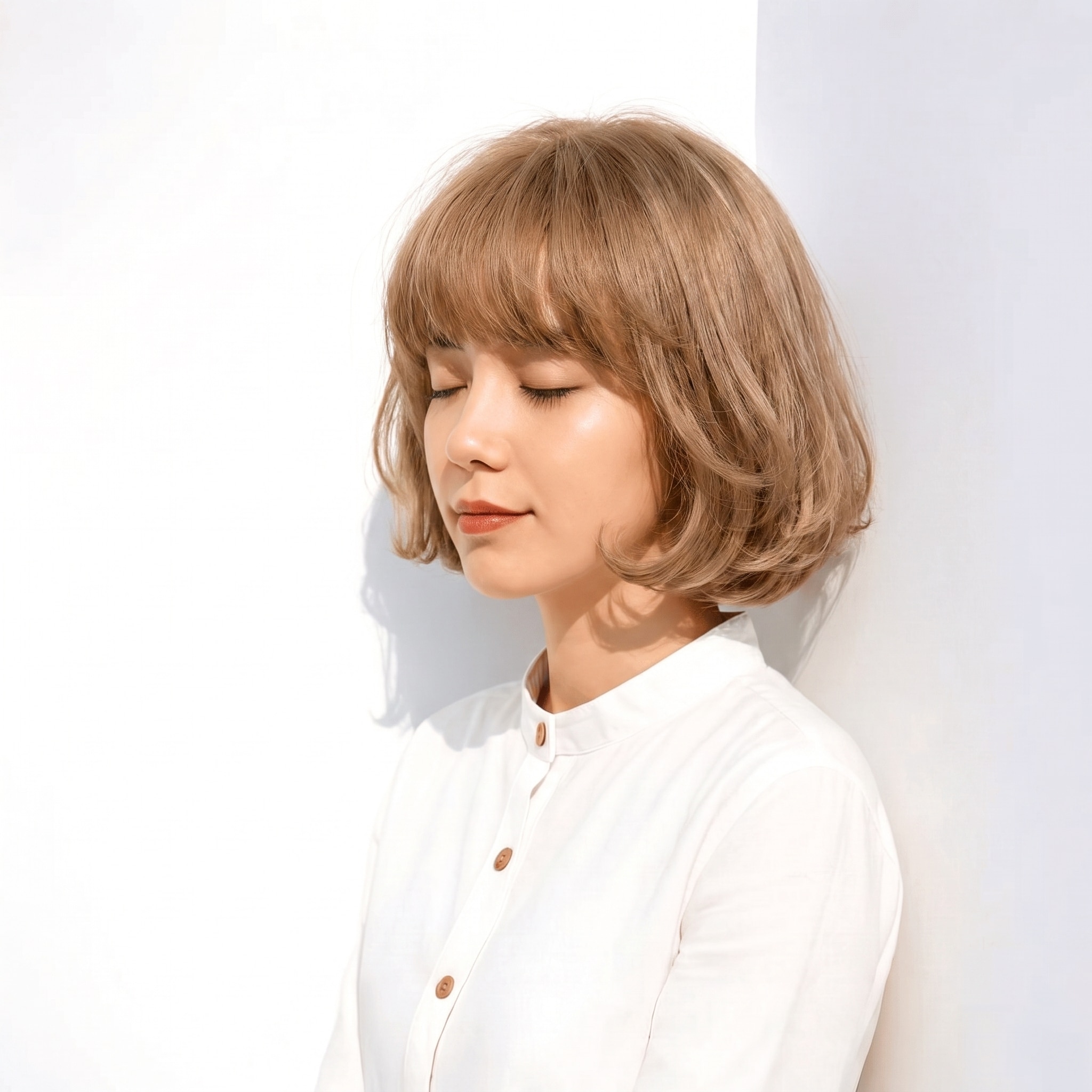 9. ライトベージュ×内巻きボブ: 淡い黄みのベージュで内巻きボブが重くなりにくい