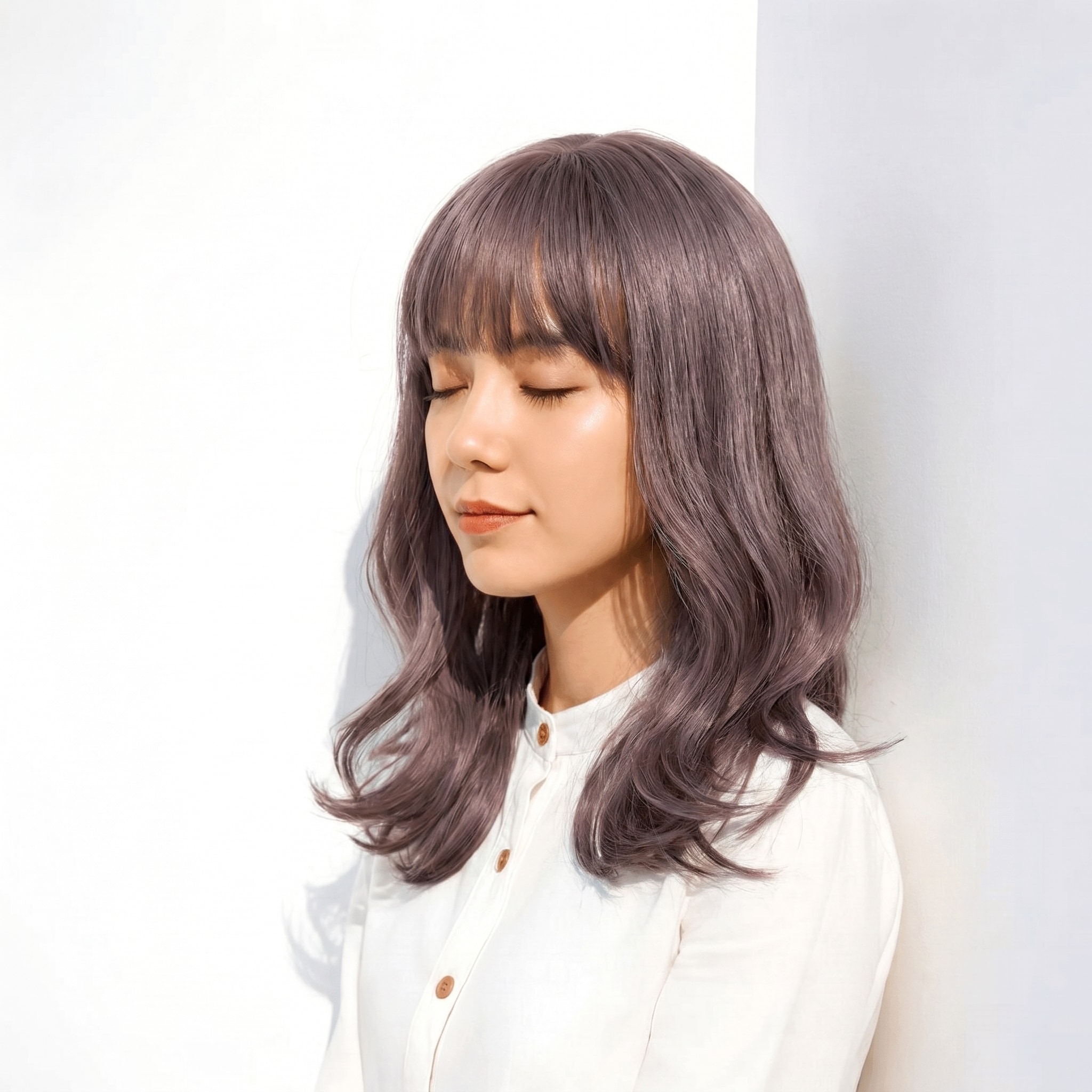 9. ラベンダーグレージュ×ミディアムヘア: くすみ過ぎない艶カラーで洗練された印象に