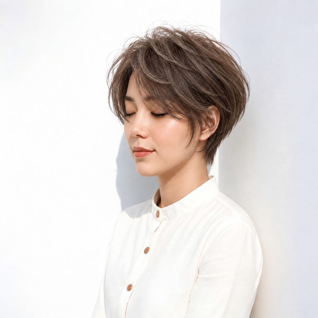 8. レイヤーハンサムショート × アッシュブラウン：横へ散る毛束でかっちりしすぎない