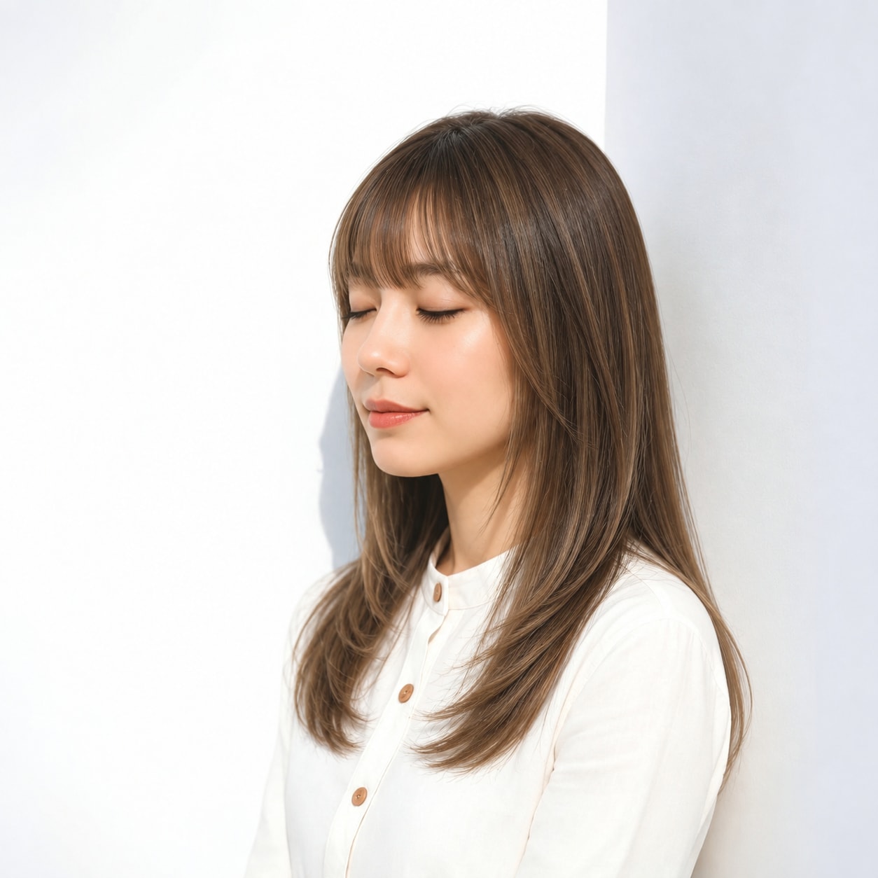 9. ロングレイヤー × 前髪あり × 耳かけ：サイドに髪がたまらず、正面も横顔もすっきり見えます