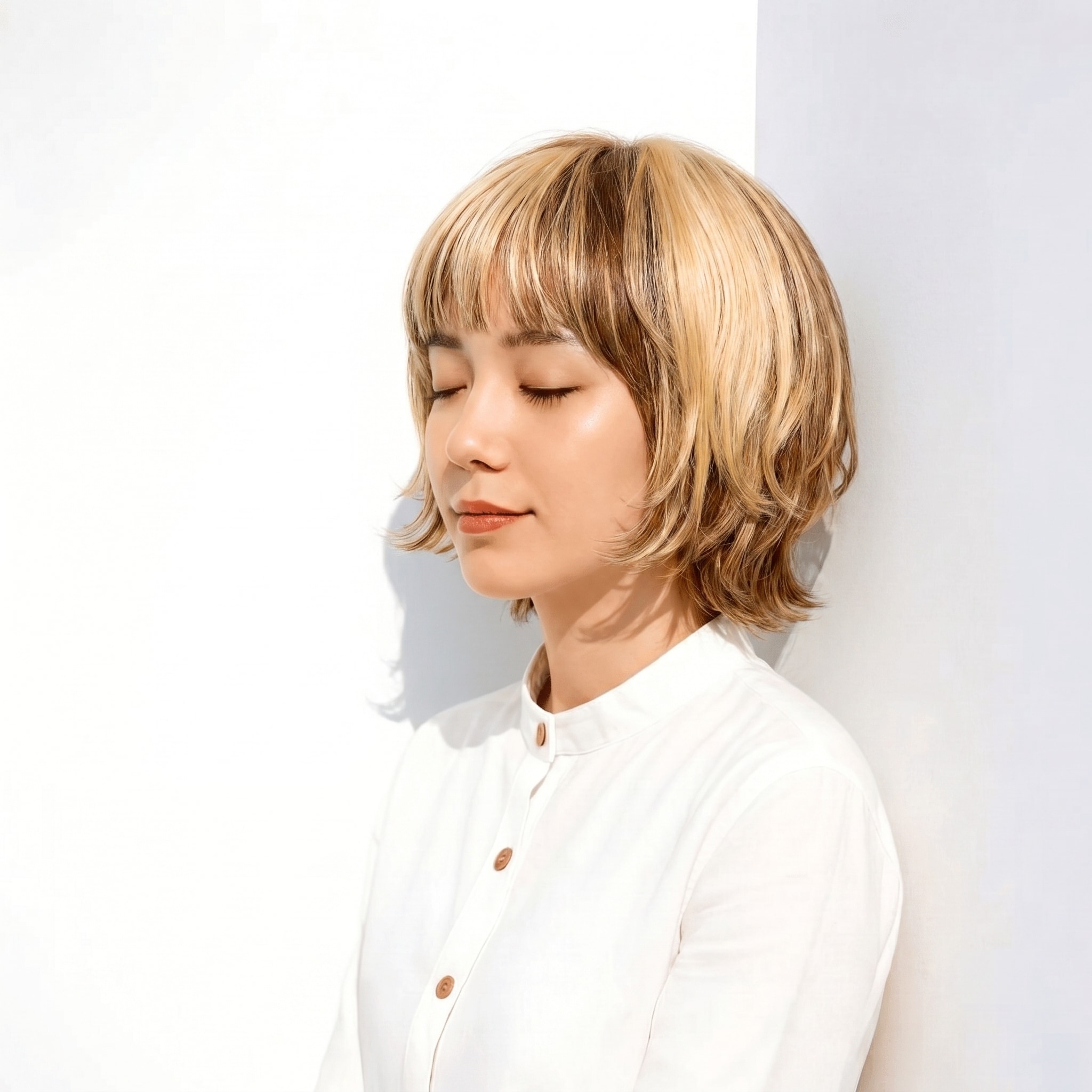 9. ローライト×大人っぽいショートボブ: 丸みと外ハネで軽やかさを演出