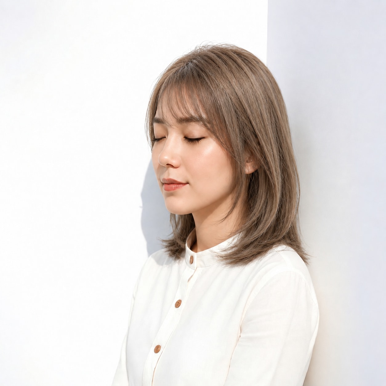 9. 内巻きミディアム × ベージュブラウン：軽い前髪で優しくまとまる