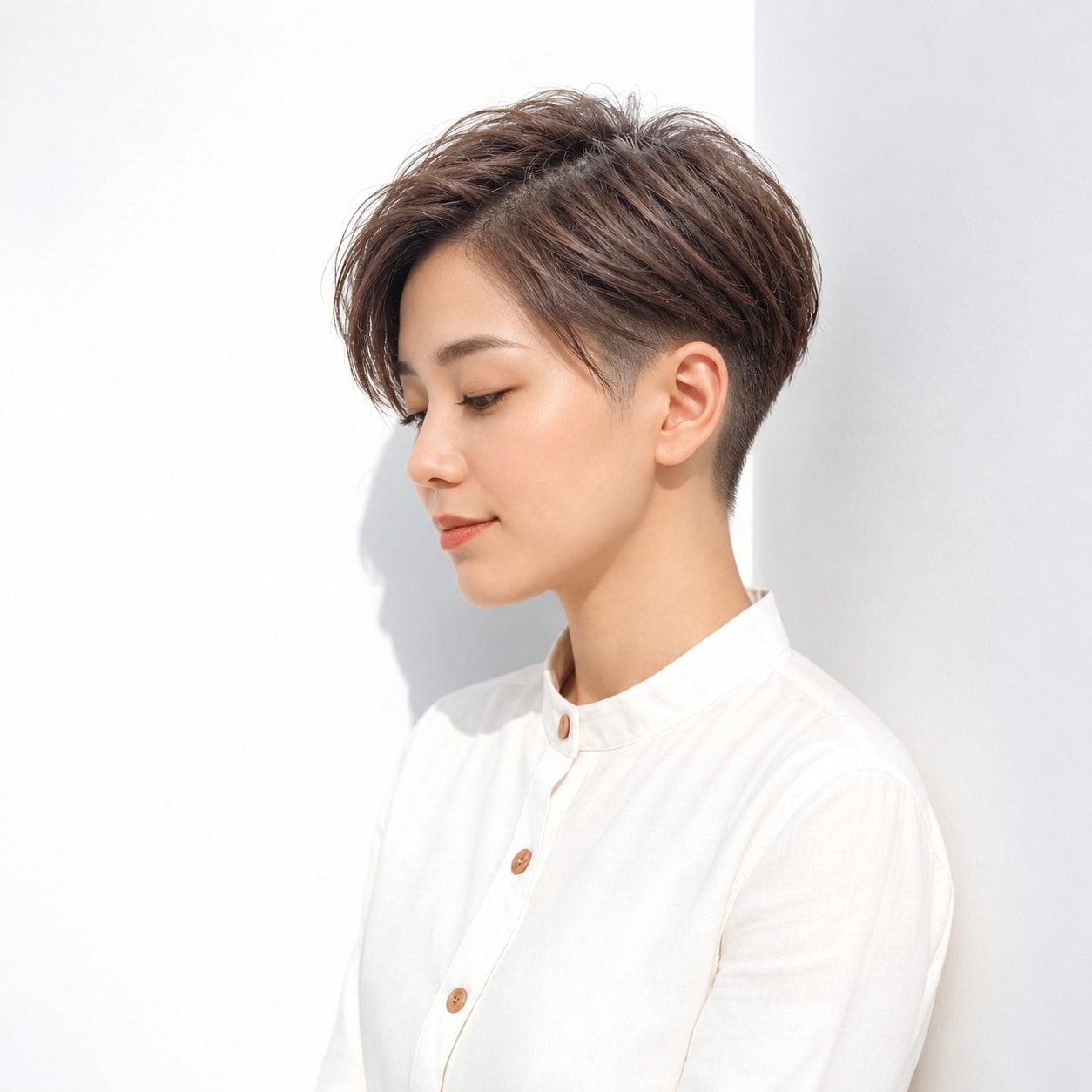 7. 刈り上げショート × かき上げ前髪：額とサイドを開くとすっきり感が際立つ