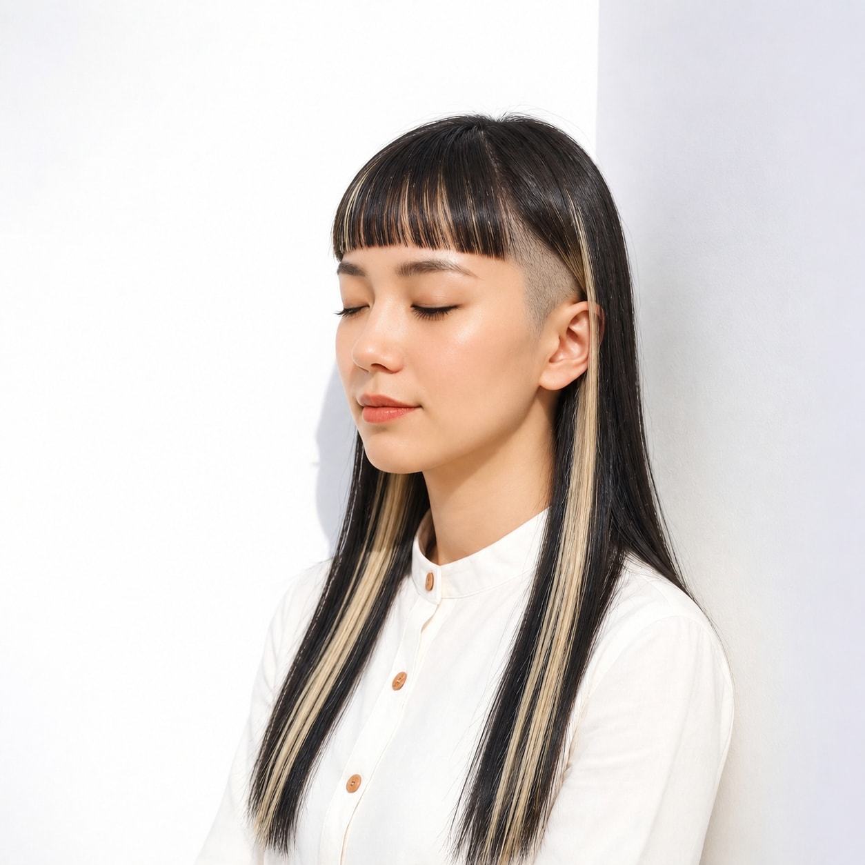 5. 刈り上げロング × 明るいライン：直線的な前髪で個性を楽しむ