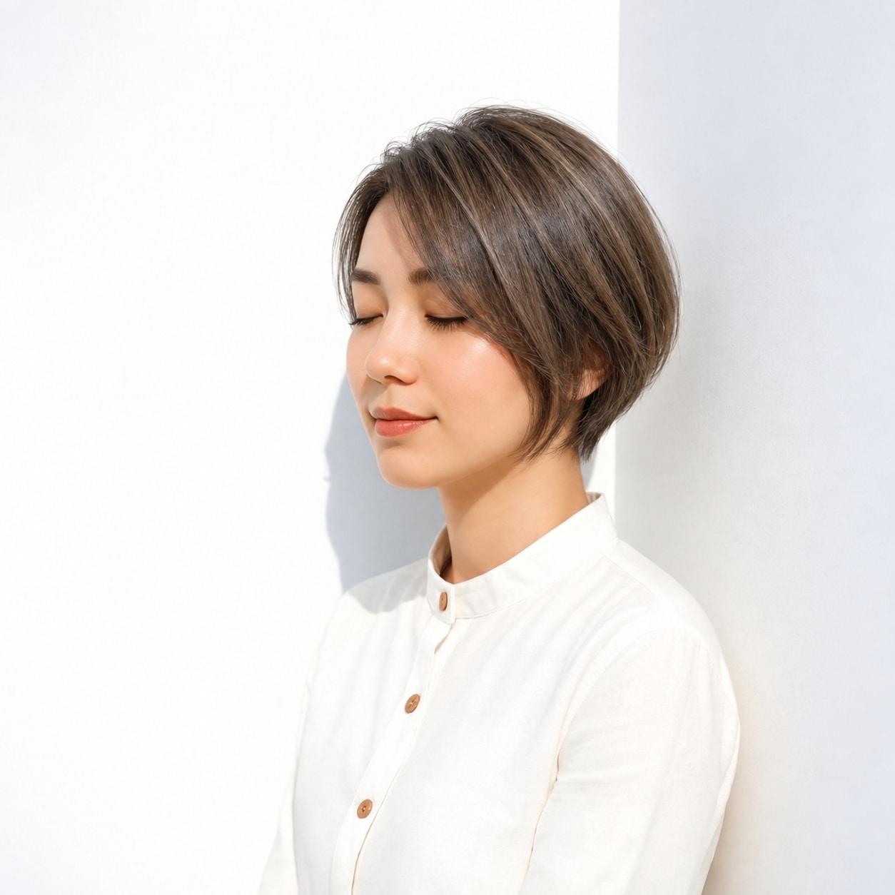 9. 前下がりショートボブ × シースルーバング：額が少し見え、丸いボブでも顔まわりが詰まりません