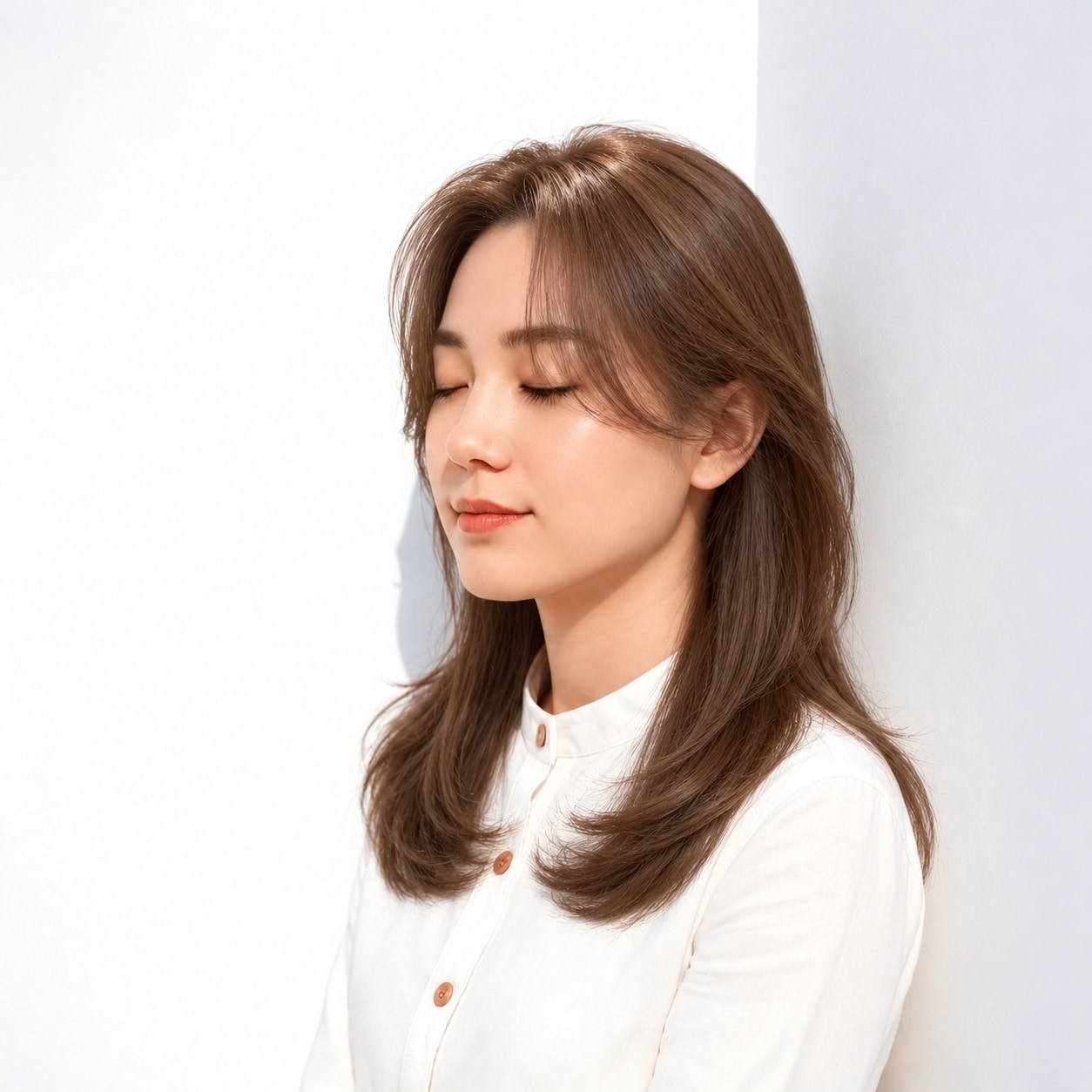 9. 前髪なしミディアム × ブラウン：長い毛束で大人らしく縁取る