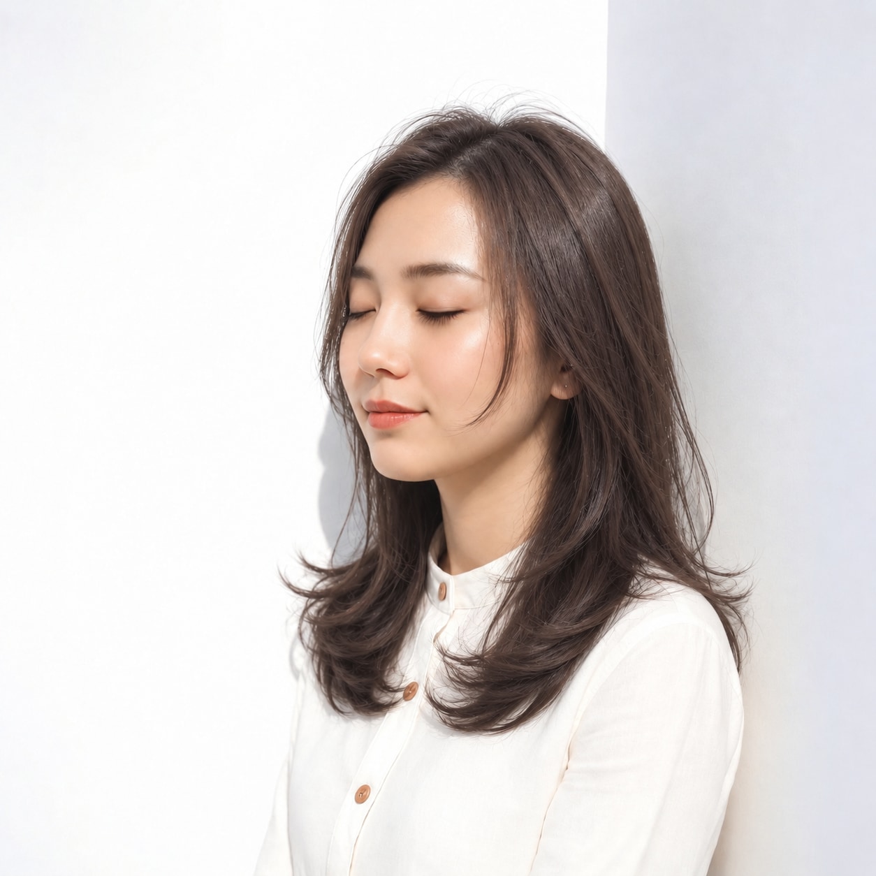 9. 前髪なしレイヤーロング × ダークブラウン：額を見せて大人らしく