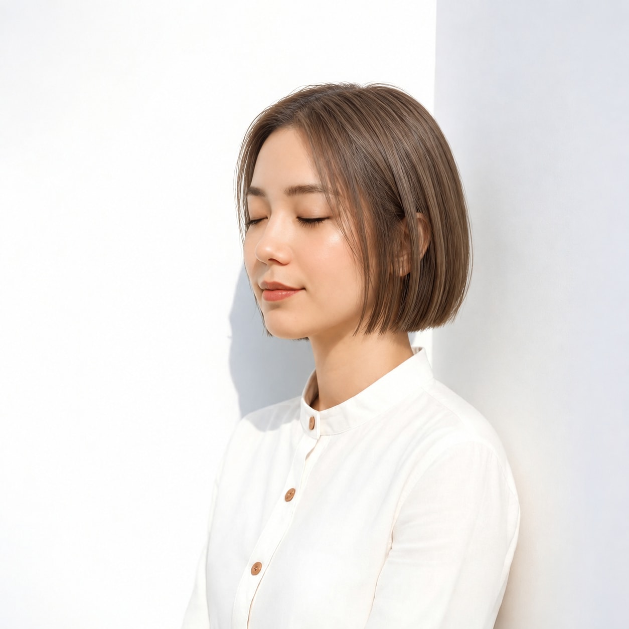 9. 前髪なし切りっぱなしボブ × 襟足短め：後ろに奥行きが出て、横から見た形が端正に整います